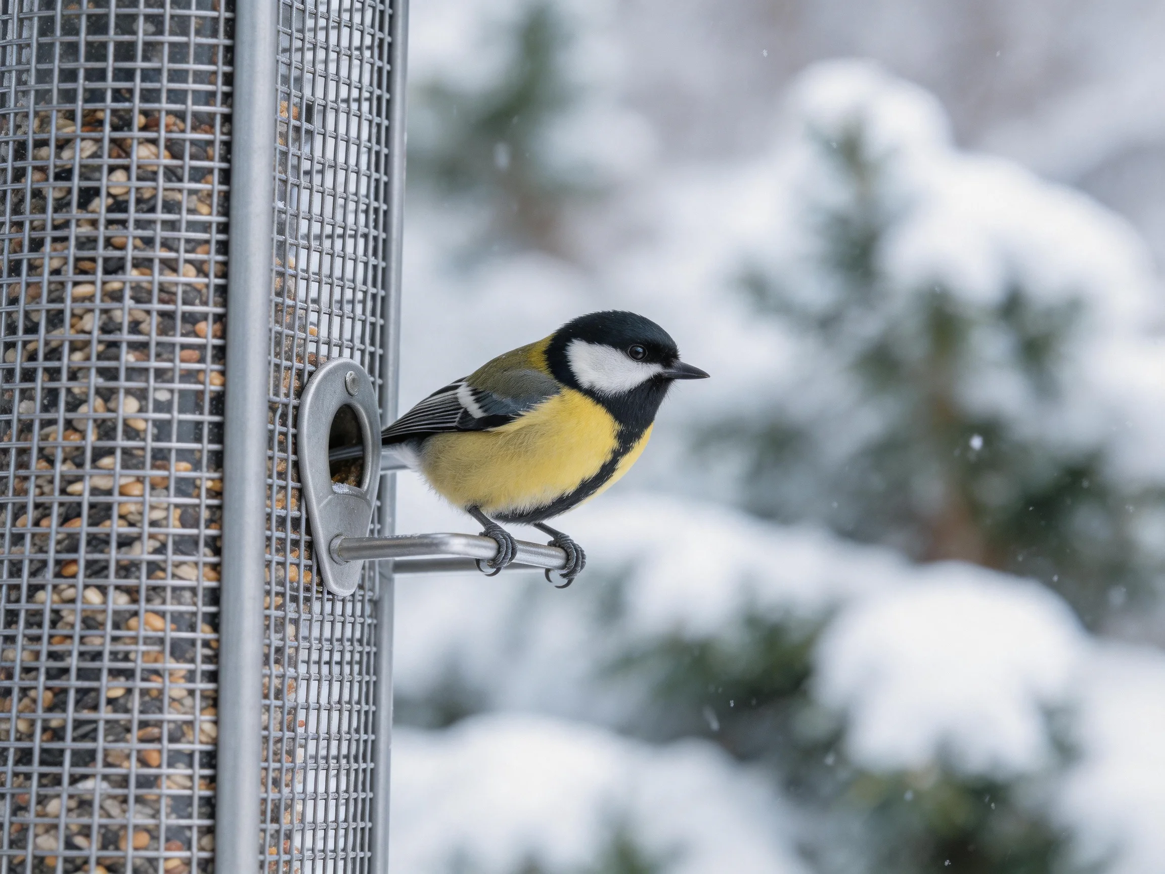 A black, yellow, and white bird perches on a seed-filled feeder in a snowy landscape