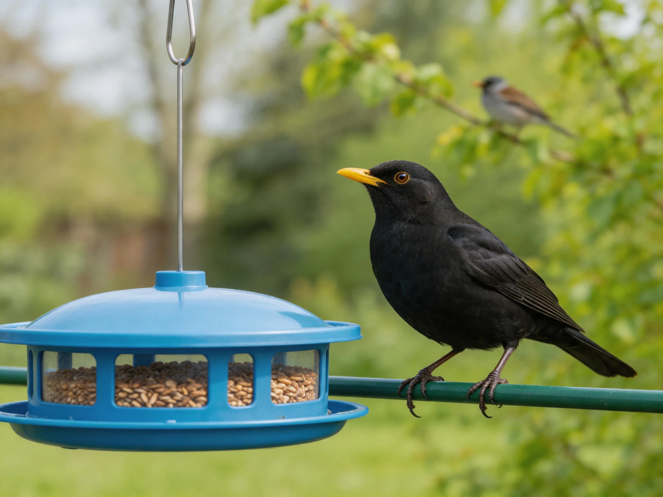 A blackbird perched near a blue bird feeder with green foliage