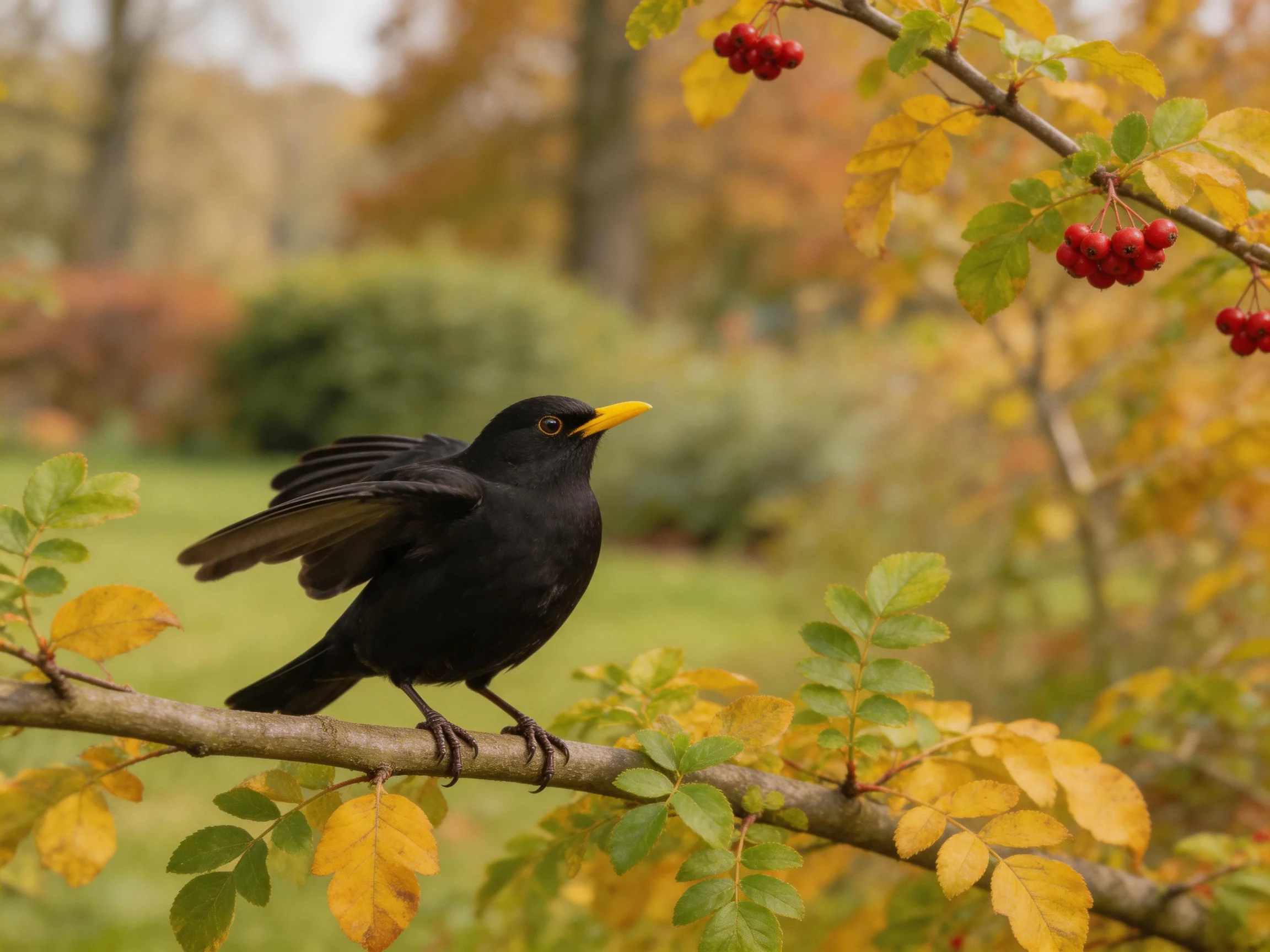 A blackbird perched on an autumn branch with red berries