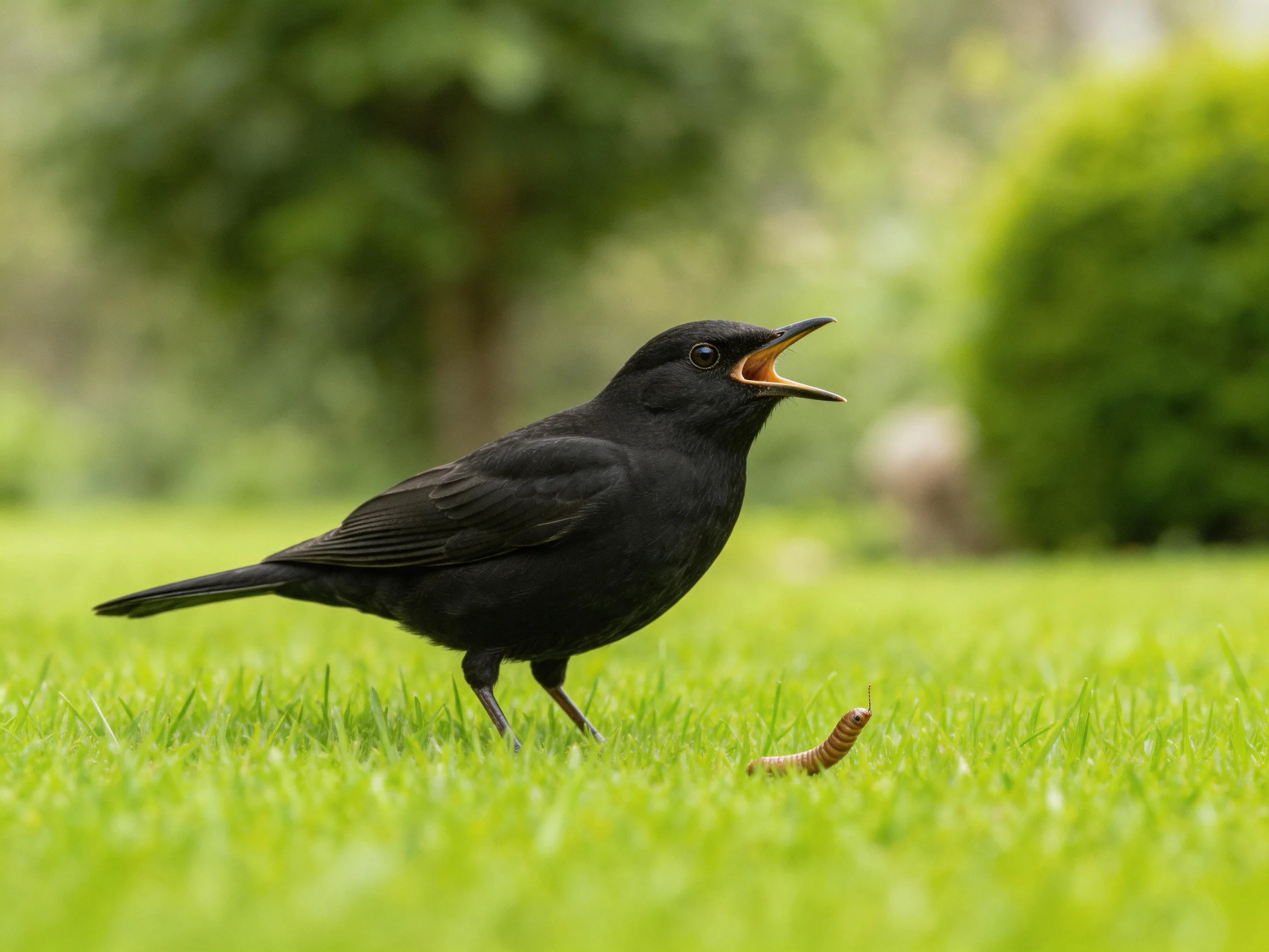 A blackbird searching for food beside a brown earthworm on green grass