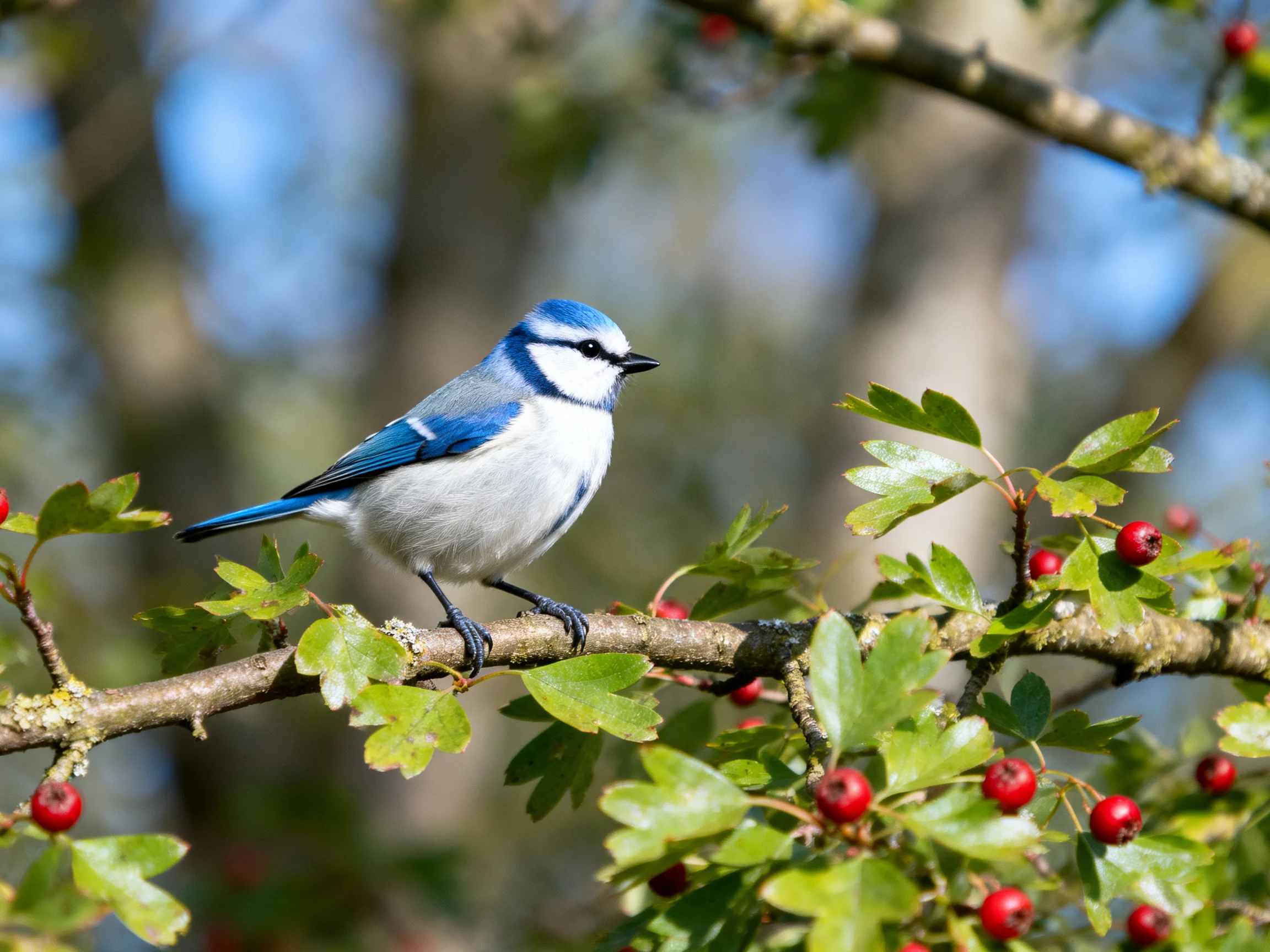 A blue - accented bird perched on a branch with red berries