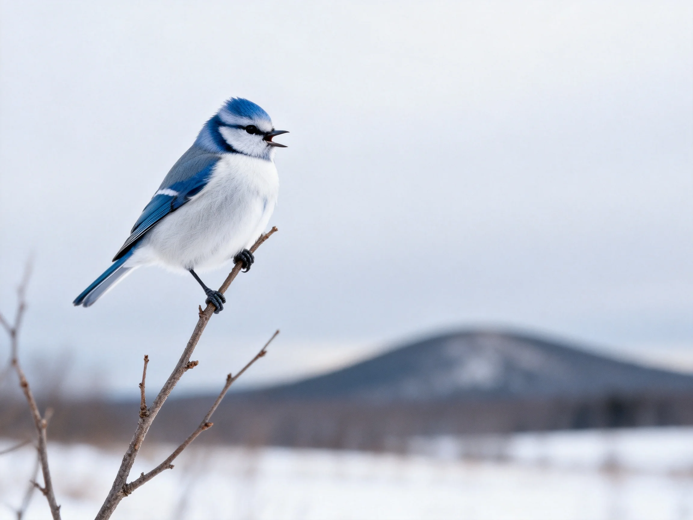 A blue - accented bird perches on a bare winter branch near snow - covered mountains