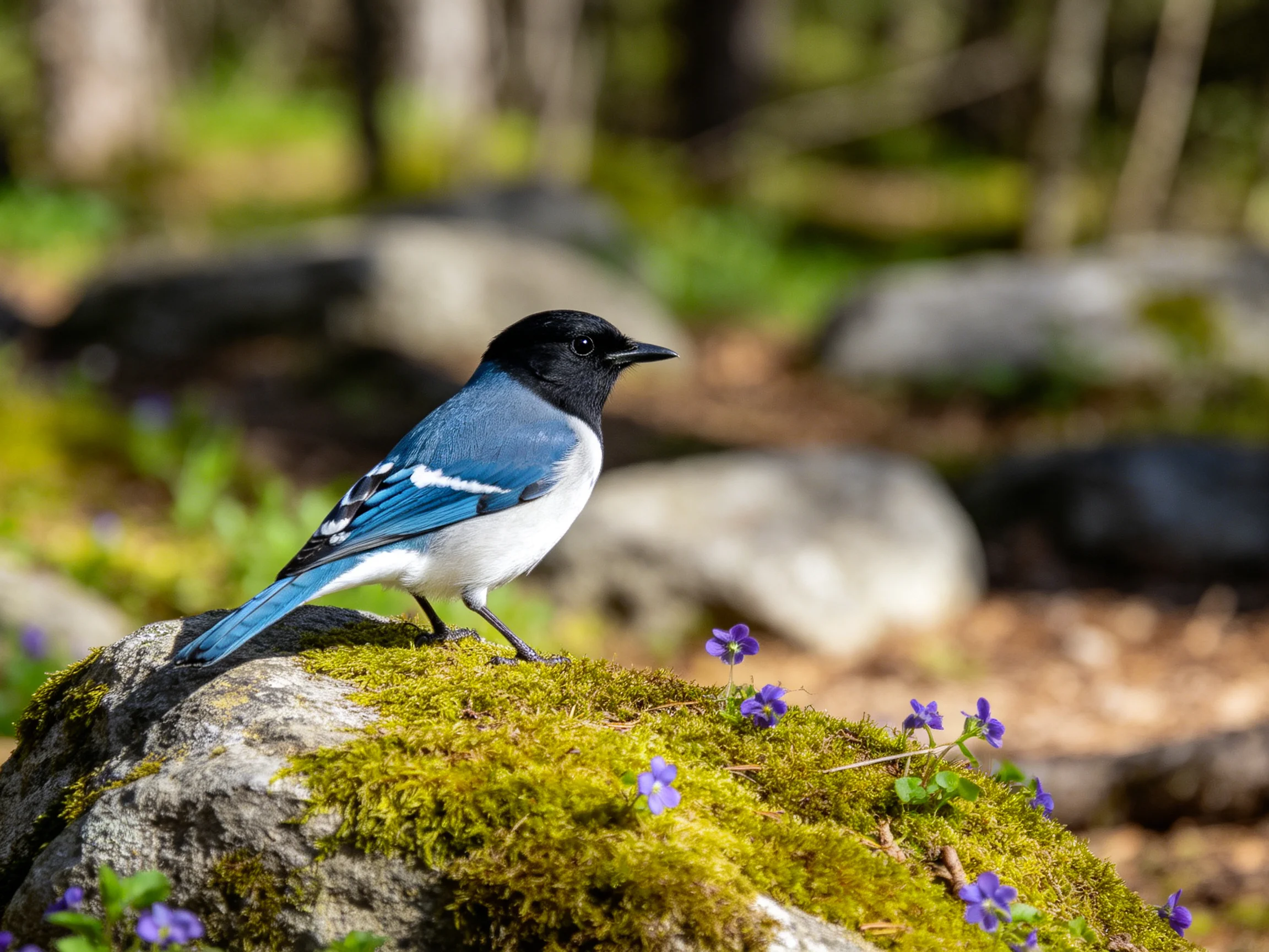 A blue and black bird perches on a mossy forest rock