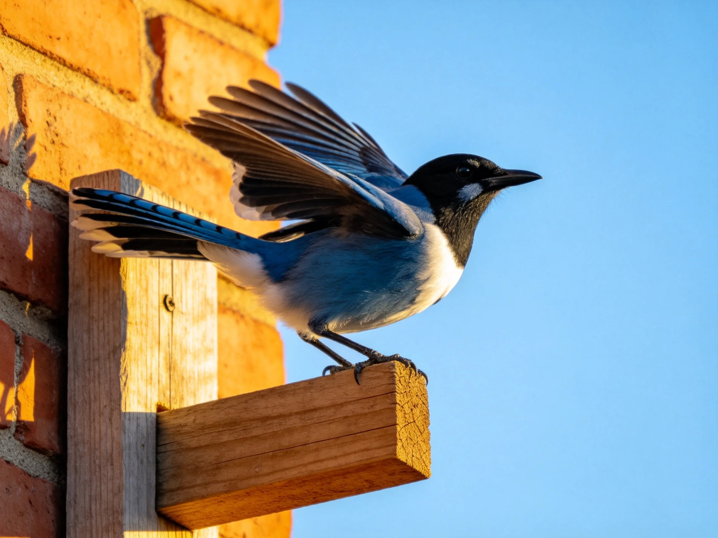 A blue and black bird spreads wings near a brick wall