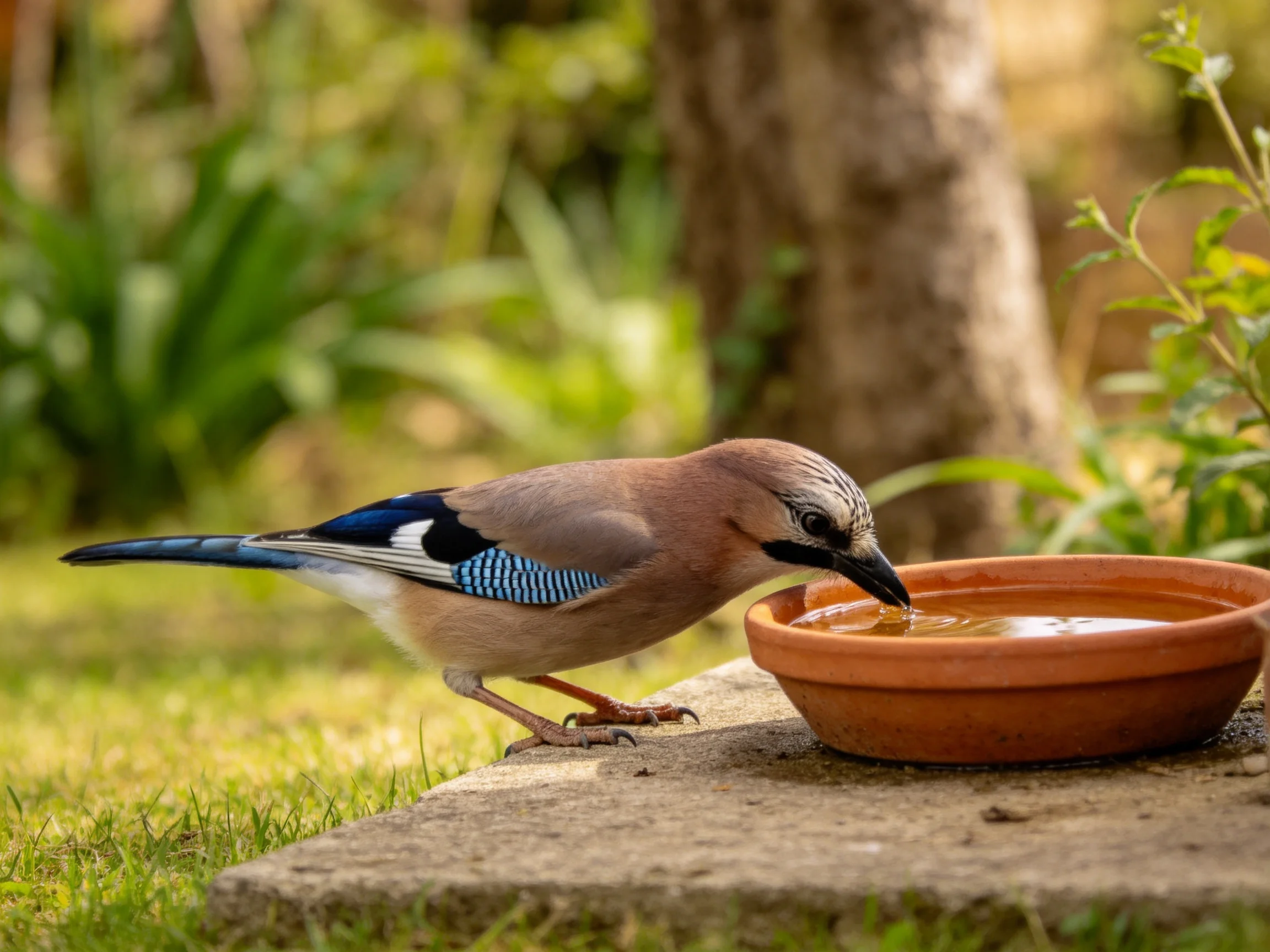 A blue-and-brown bird drinks from a terracotta dish in a garden
