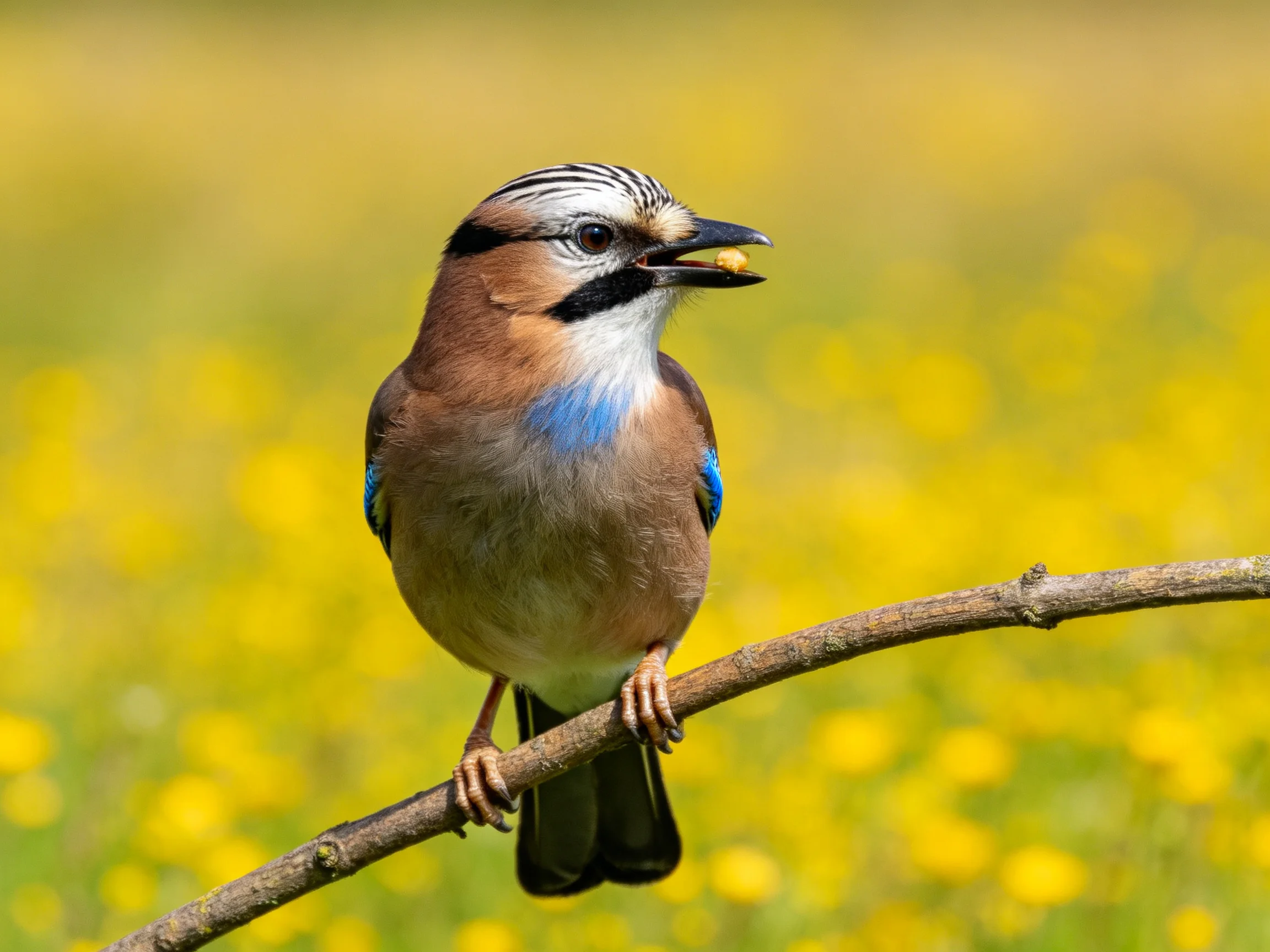 A colorful bird holds food while perched on a branch among yellow flowers.