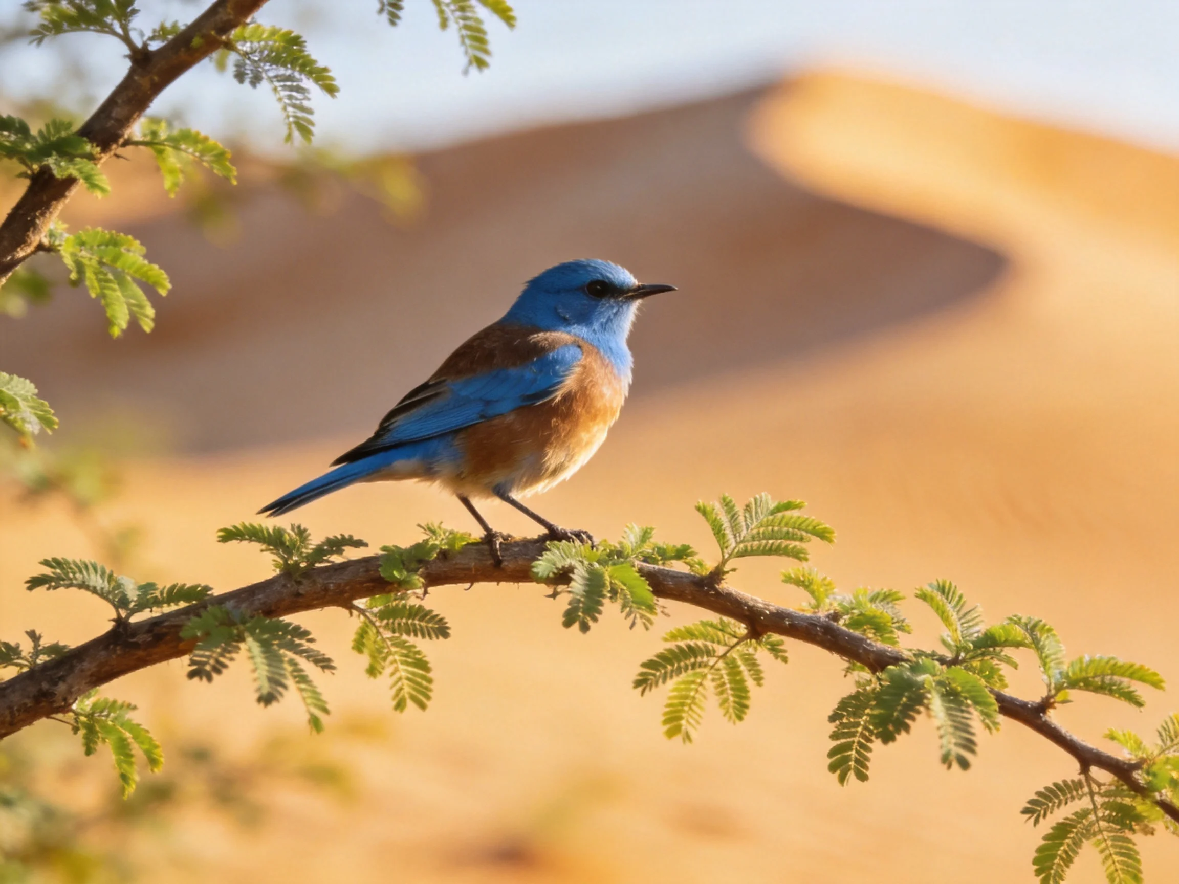 A blue and brown bird rests on a leafy branch near sandy hills.