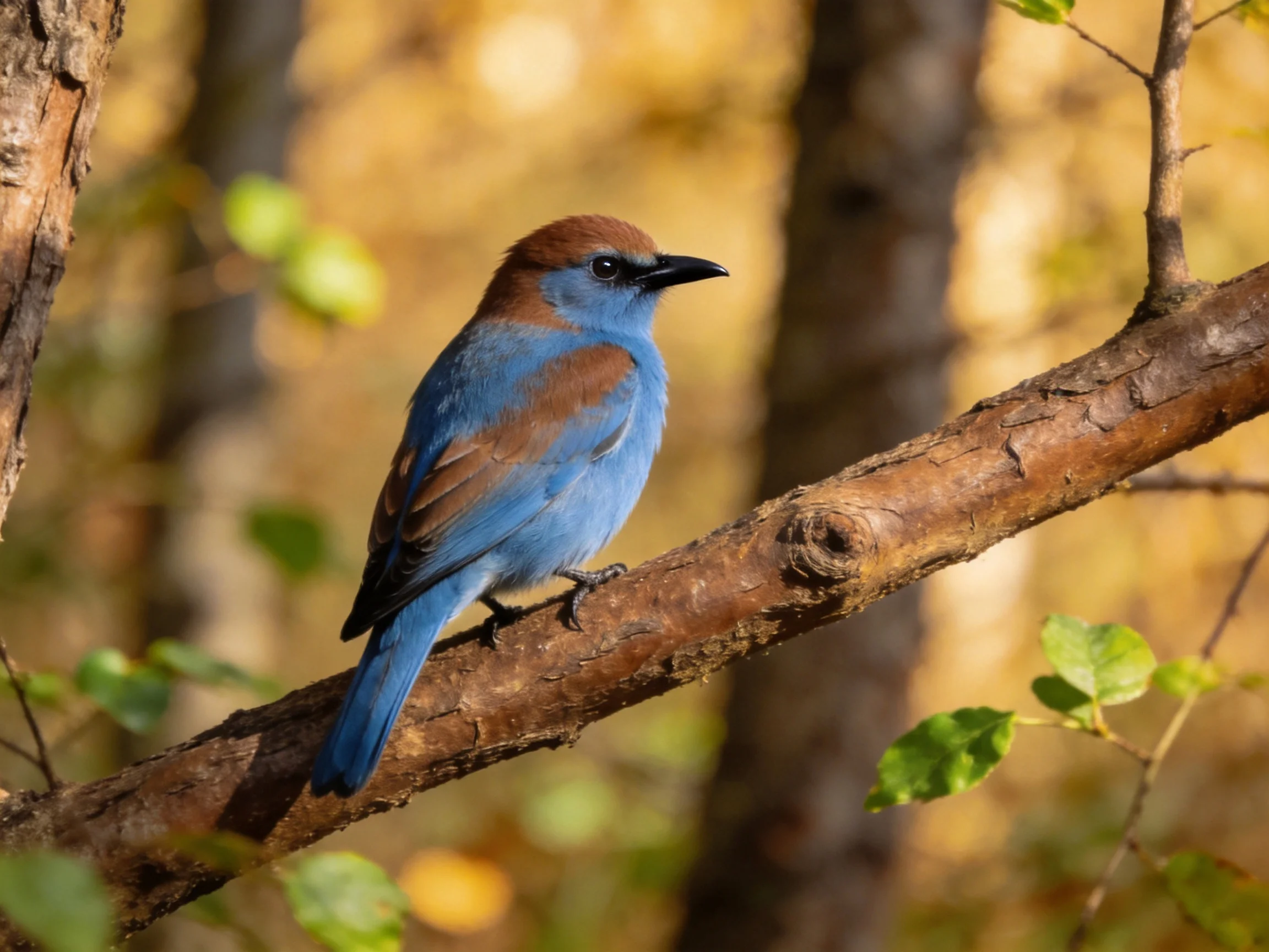 A blue and brown bird perches on a thick tree branch