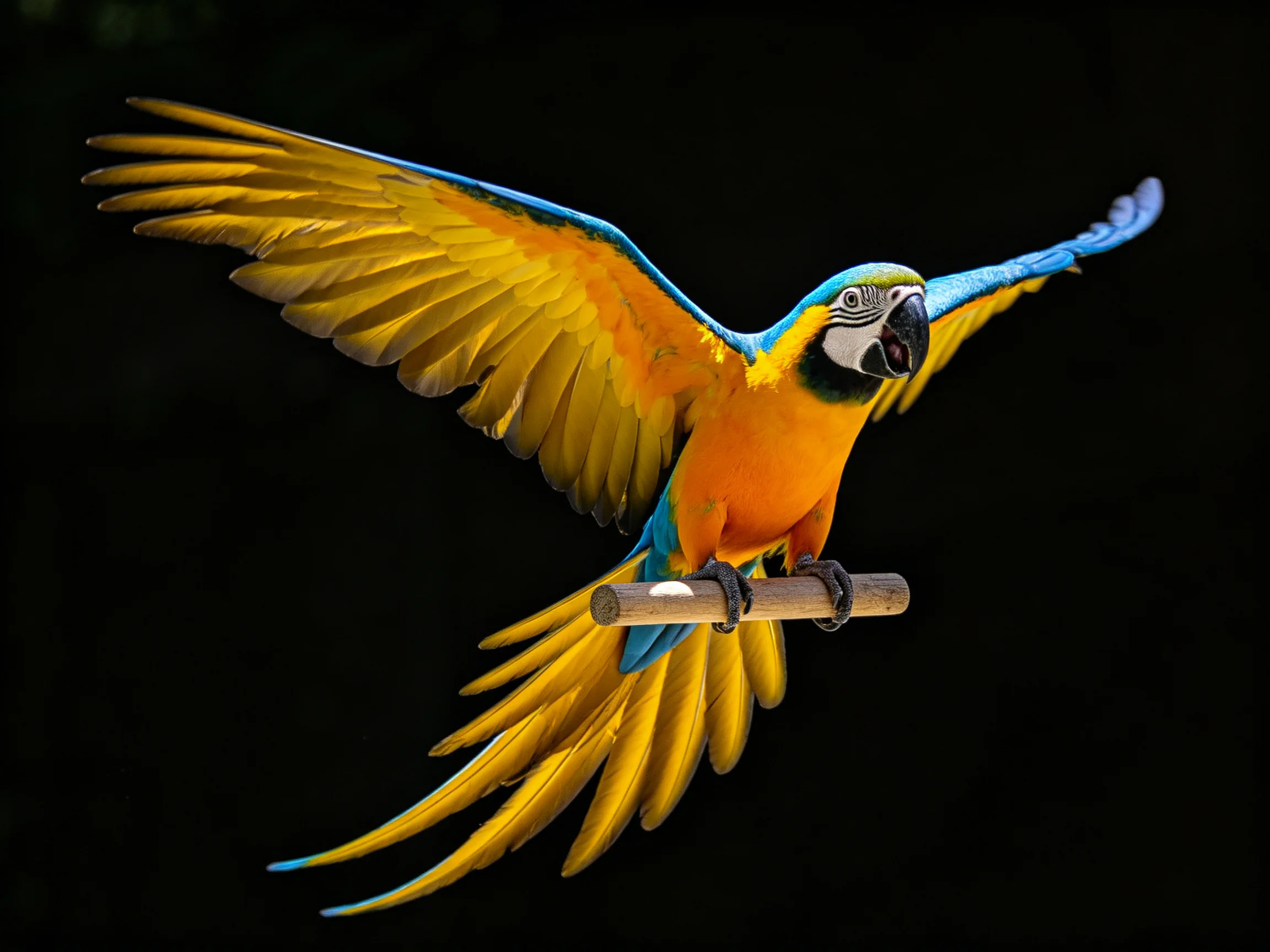A blue and gold macaw flies while gripping a wooden perch