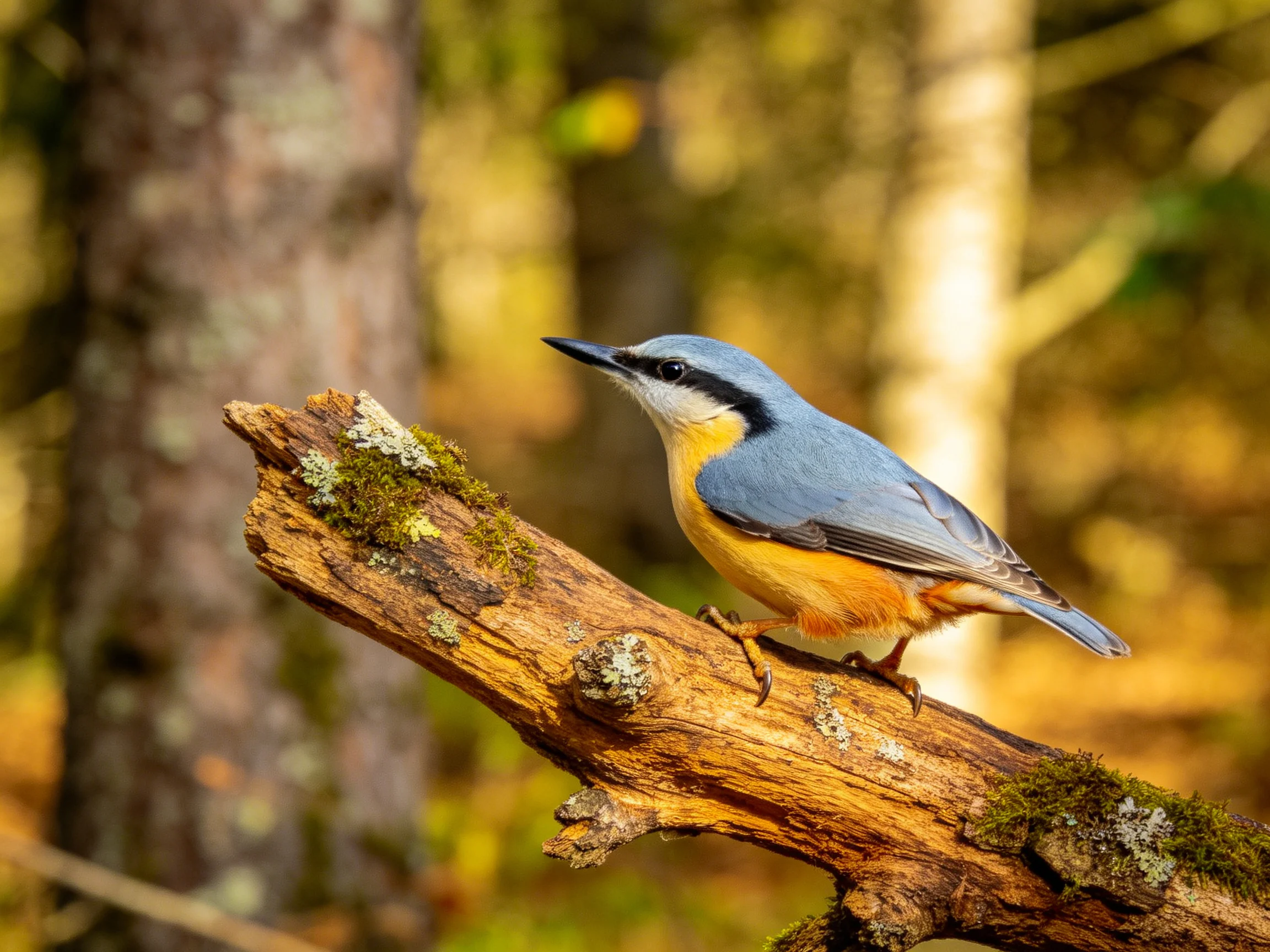 A blue-and-orange bird perches on a mossy forest branch