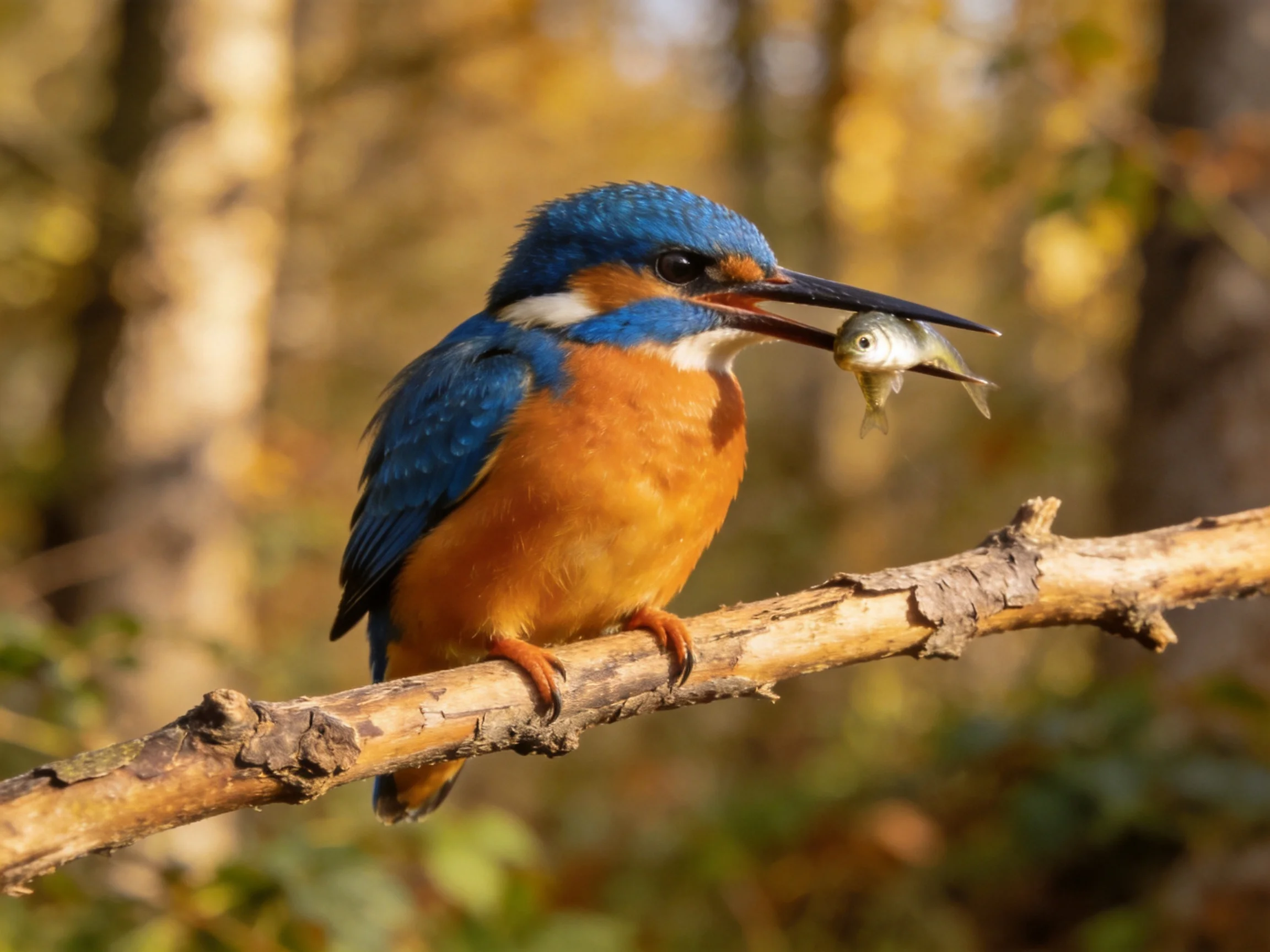 A blue-and-orange kingfisher holds a small fish on a tree branch