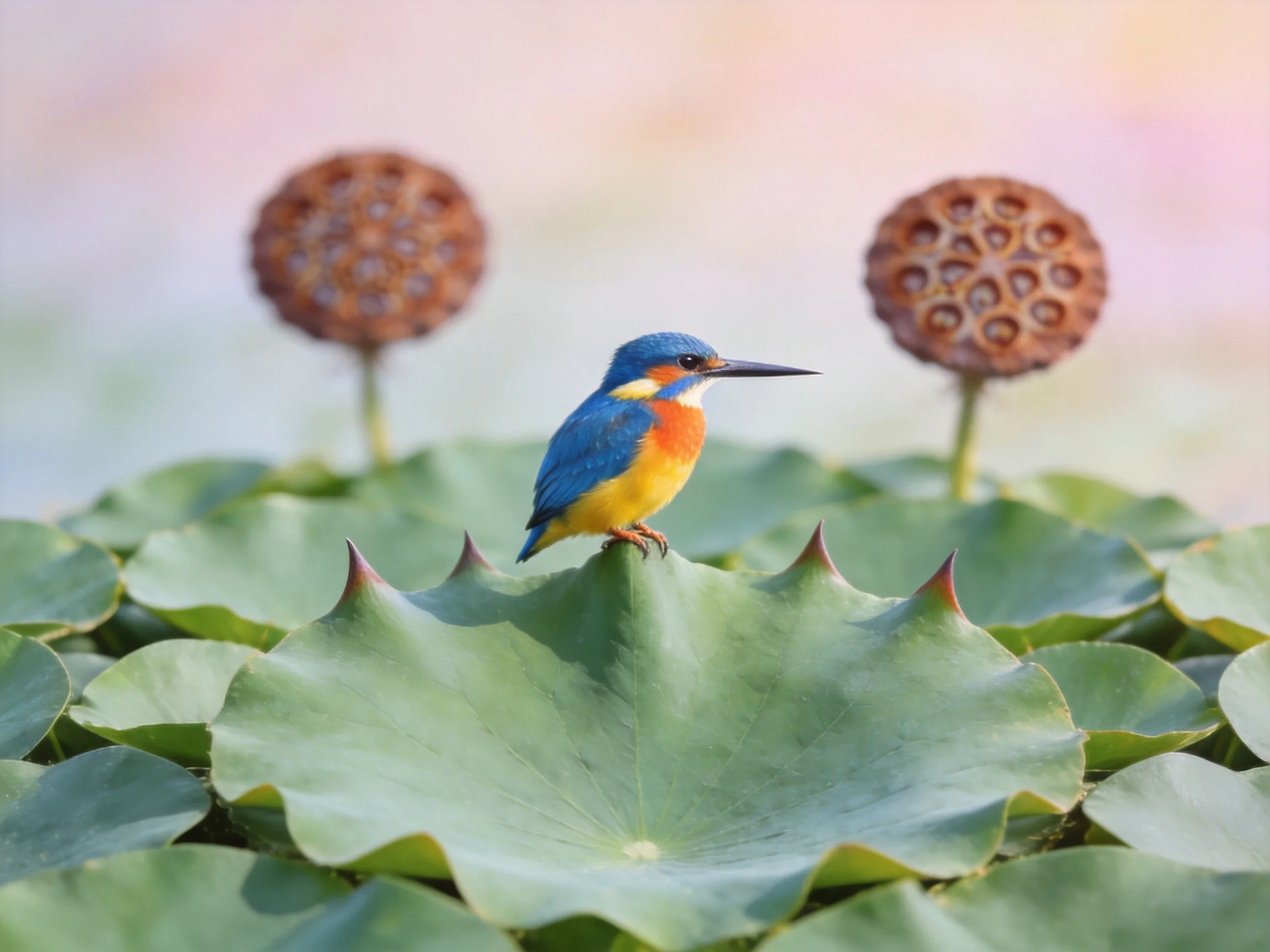 A blue and orange kingfisher perches on a spiky green lily pad with brown seed heads nearby