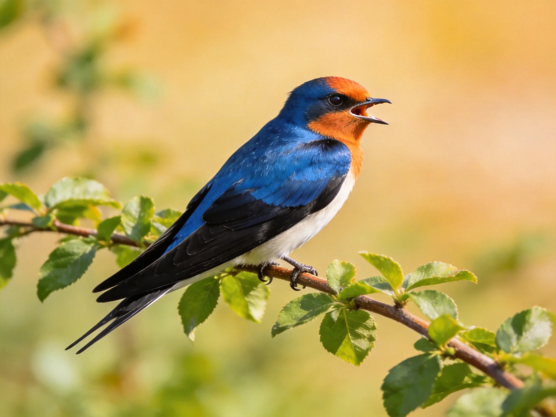 A blue and orange swallow perched on a leafy branch