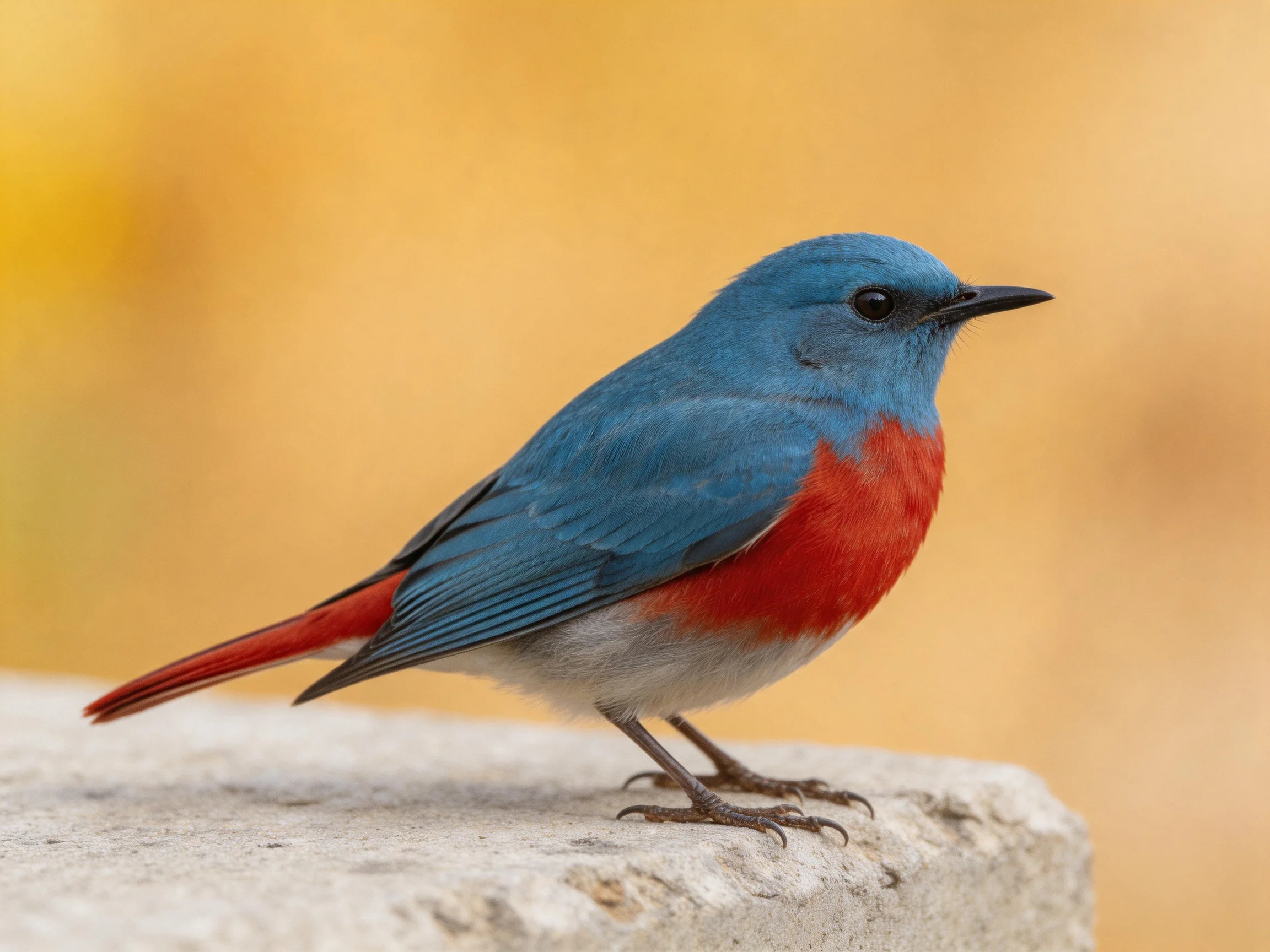 A blue and red bird perched on a weathered stone surface