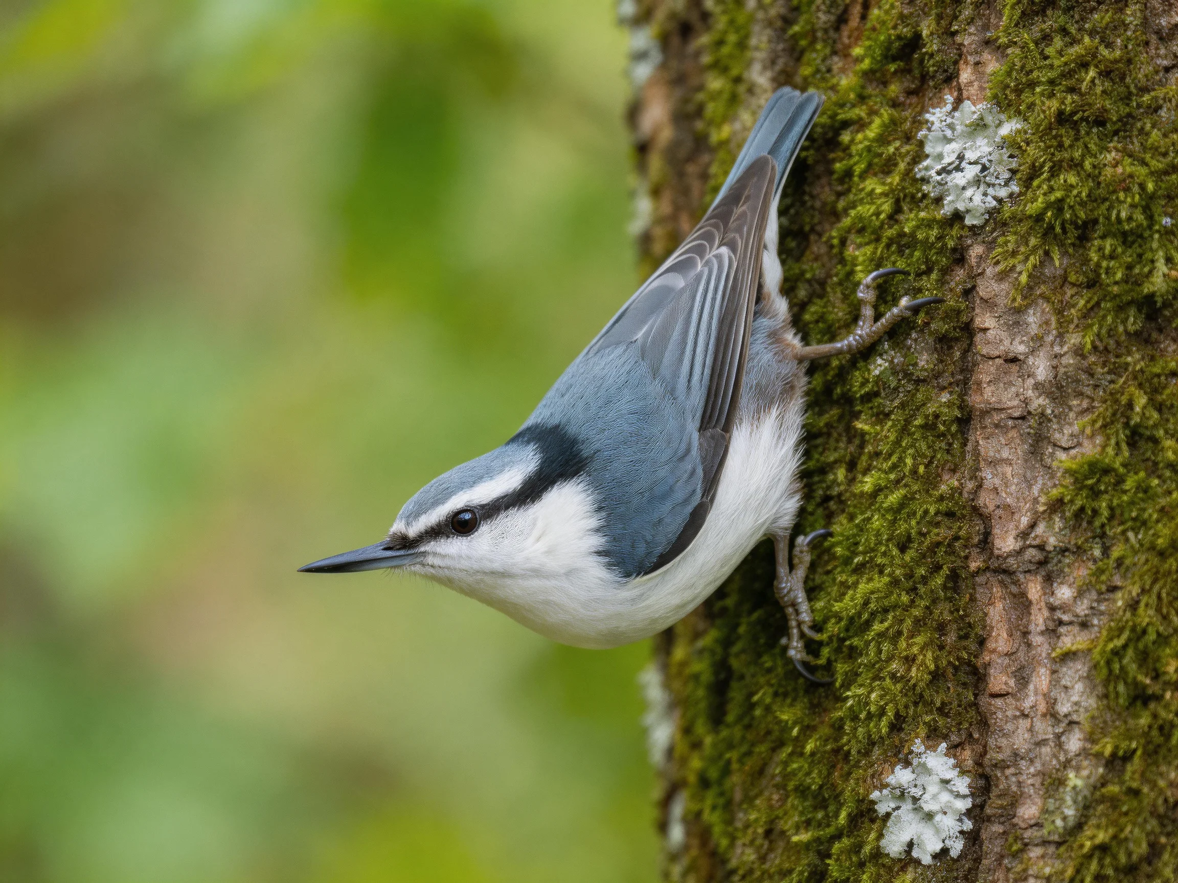 A blue-and-white bird clings to a moss-covered tree trunk