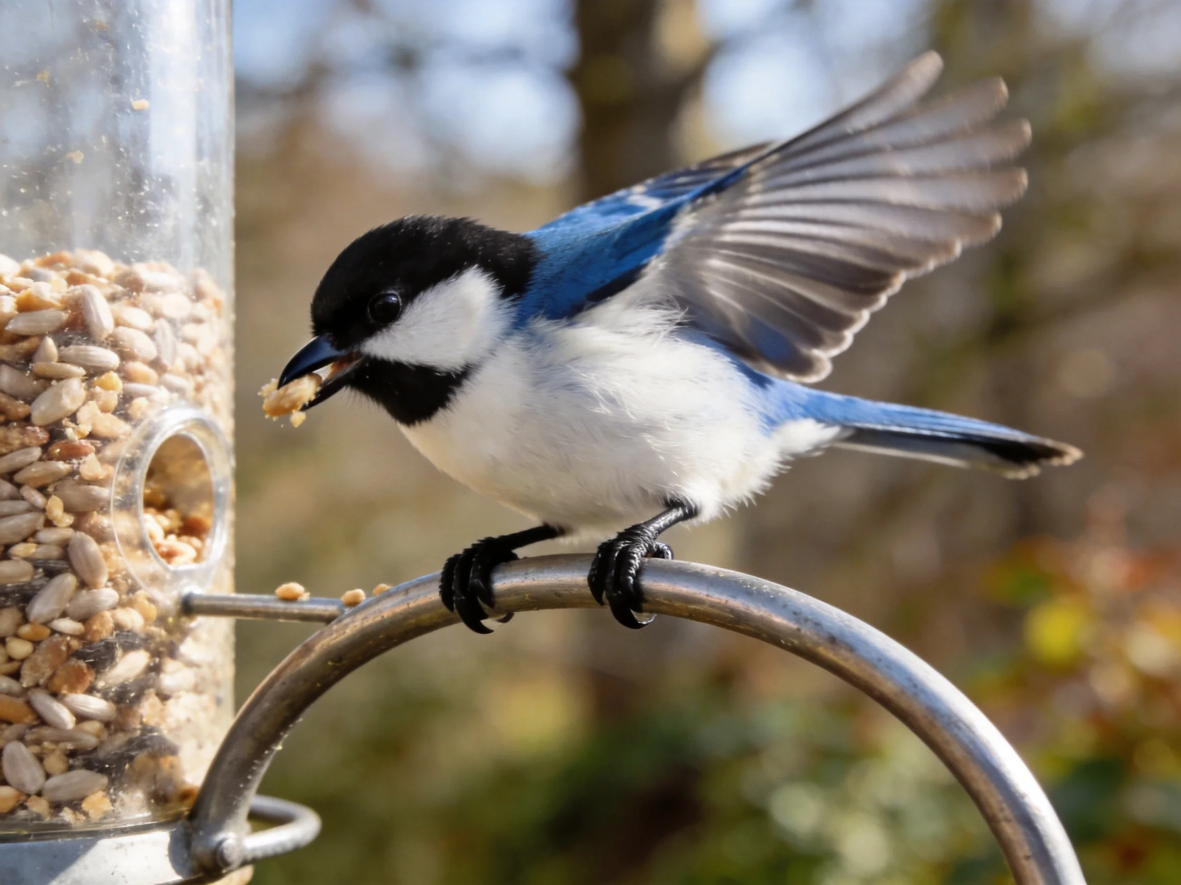 A blue - and - white bird feeding from a metal seed feeder outdoors
