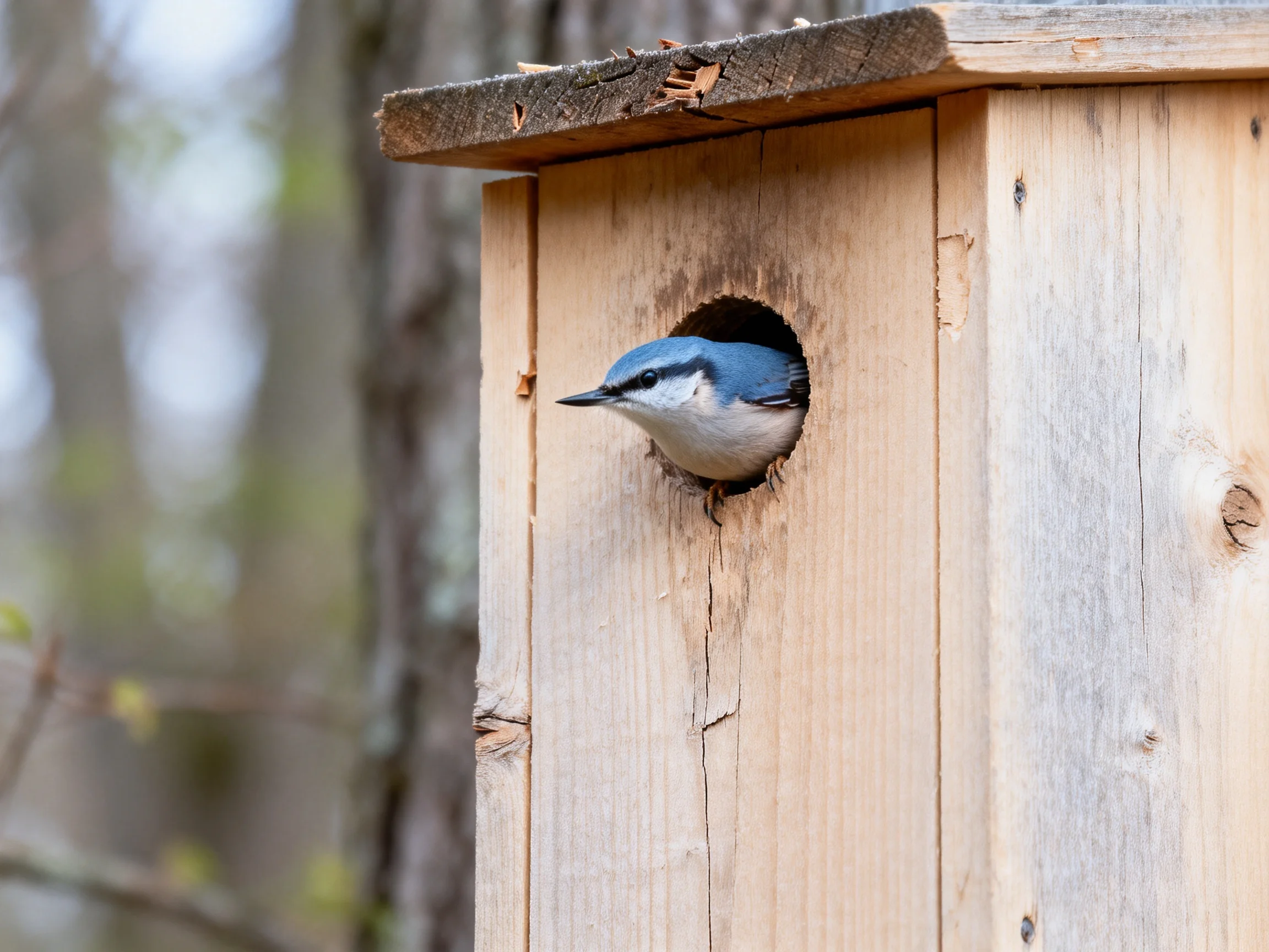 A blue and white bird peeks out of a weathered wooden birdhouse