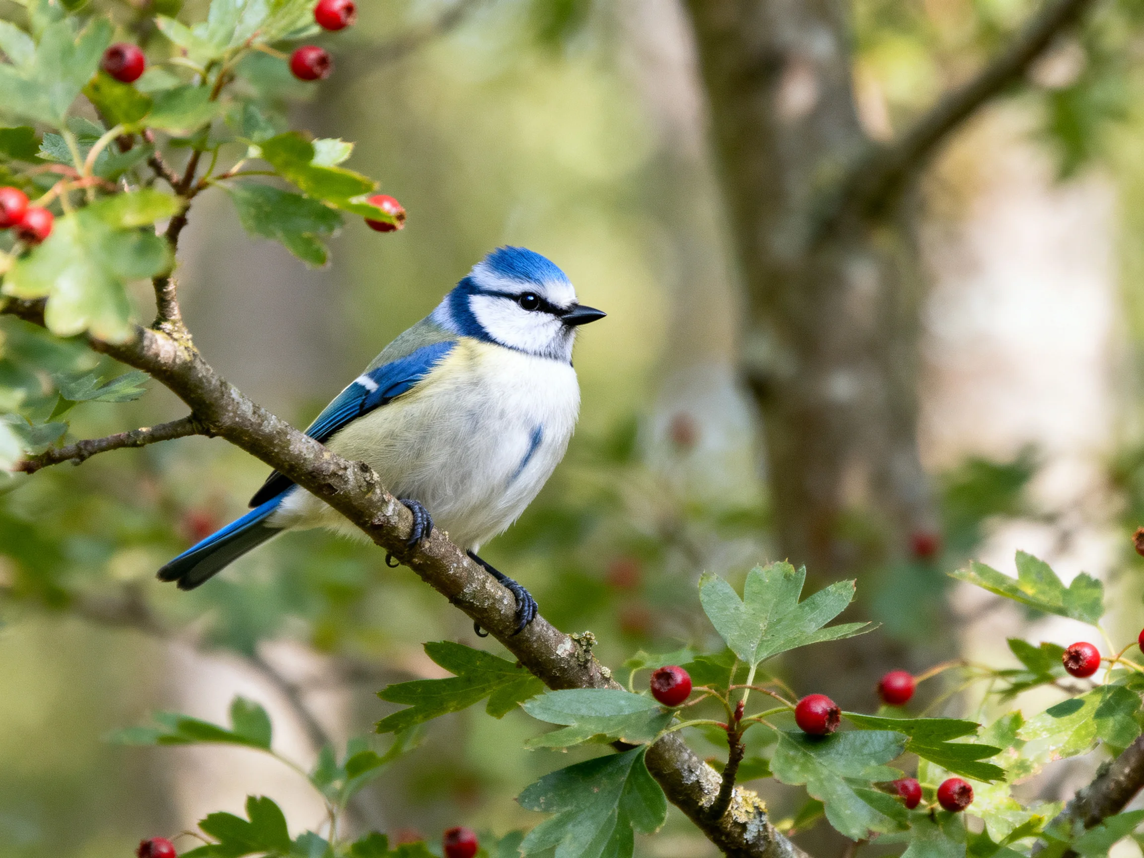 A small blue and white bird rests on a tree branch with red berries.