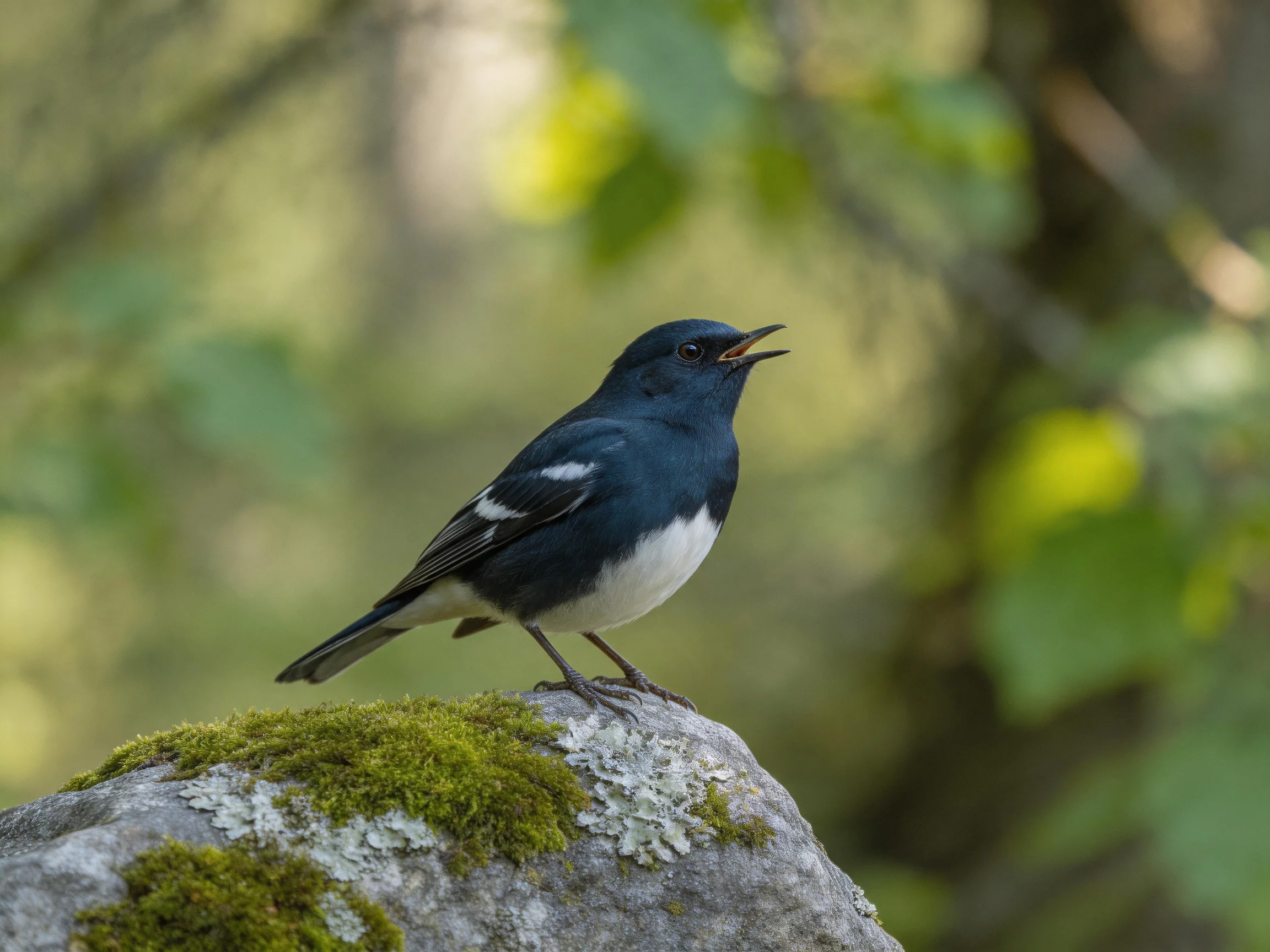 A blue-and-white bird perched on a moss-covered rock