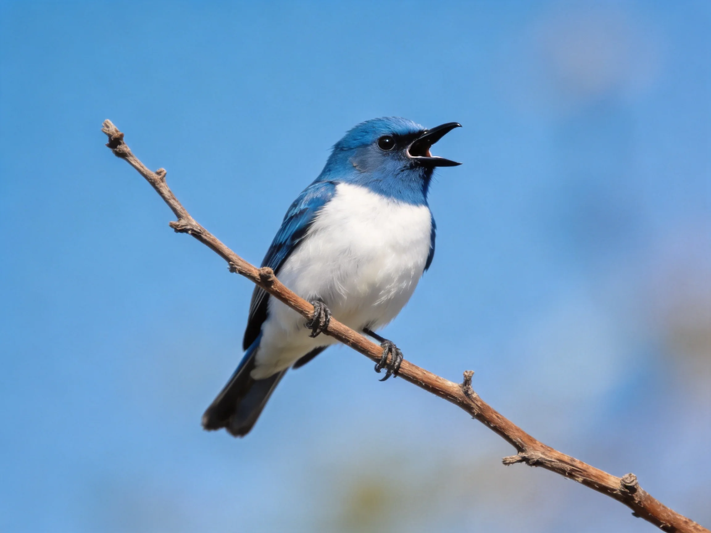 A blue and white bird perches on a branch with its beak open.