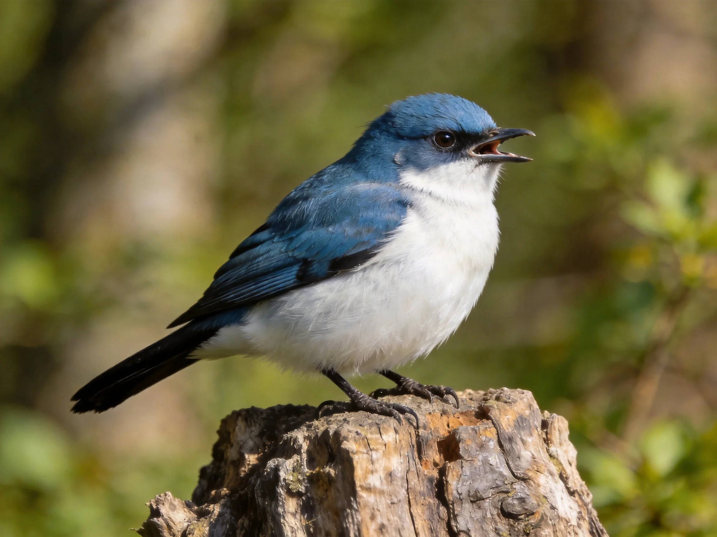 A blue and white bird rests on a weathered tree stump in nature