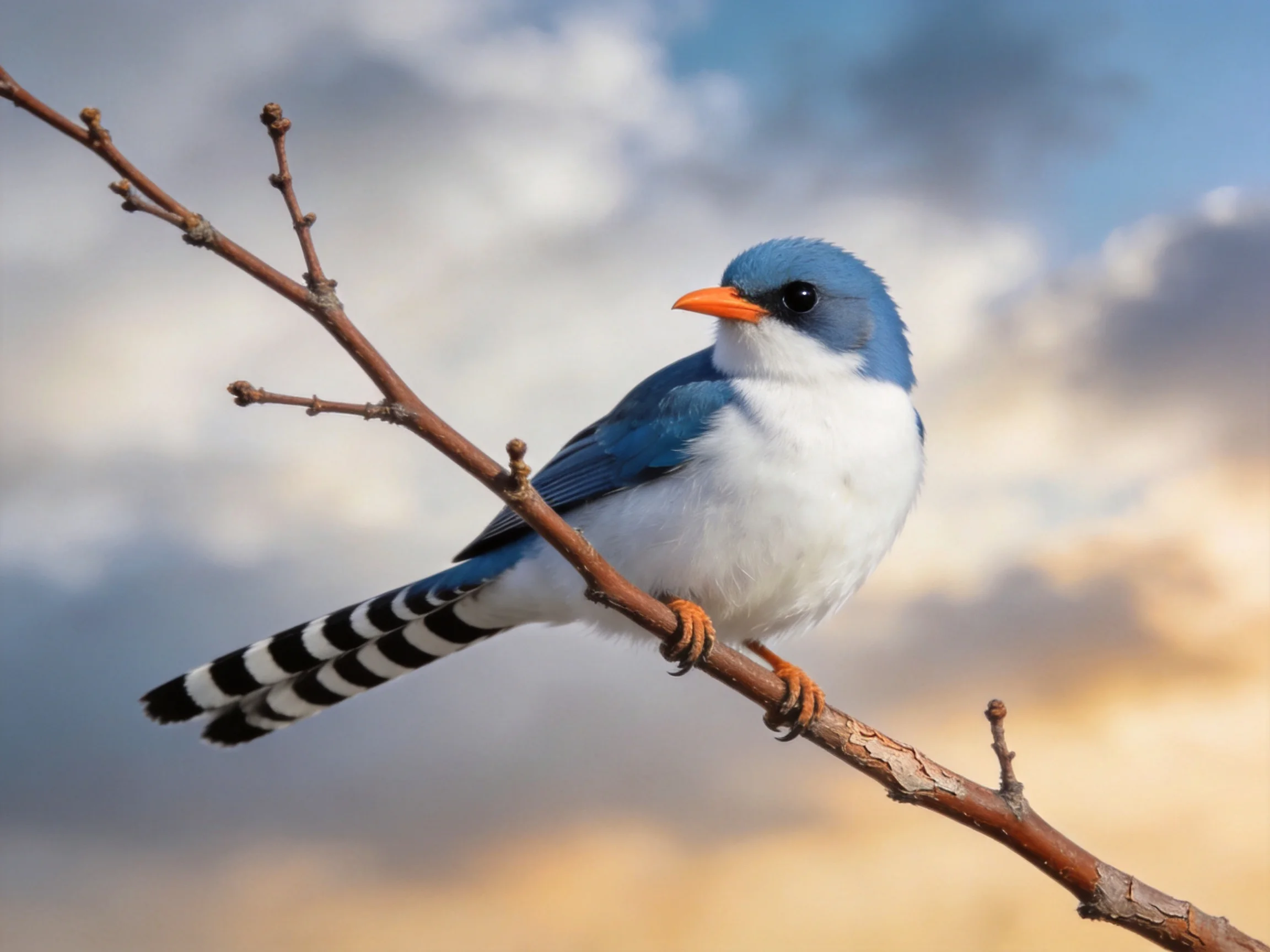 A small blue and white bird rests on a branch with a cloudy sky backdrop.