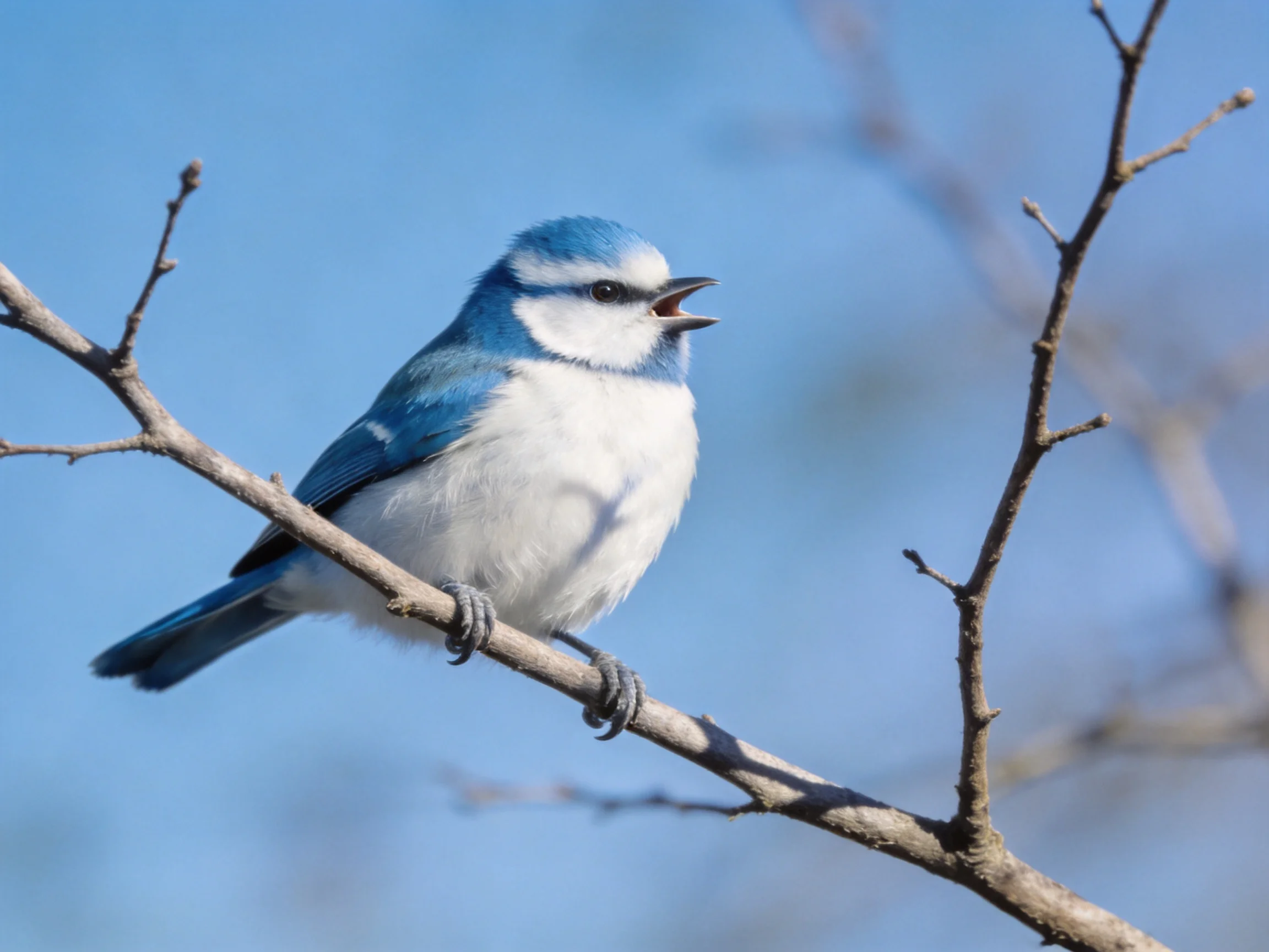 A blue - and - white bird perches on a bare tree branch