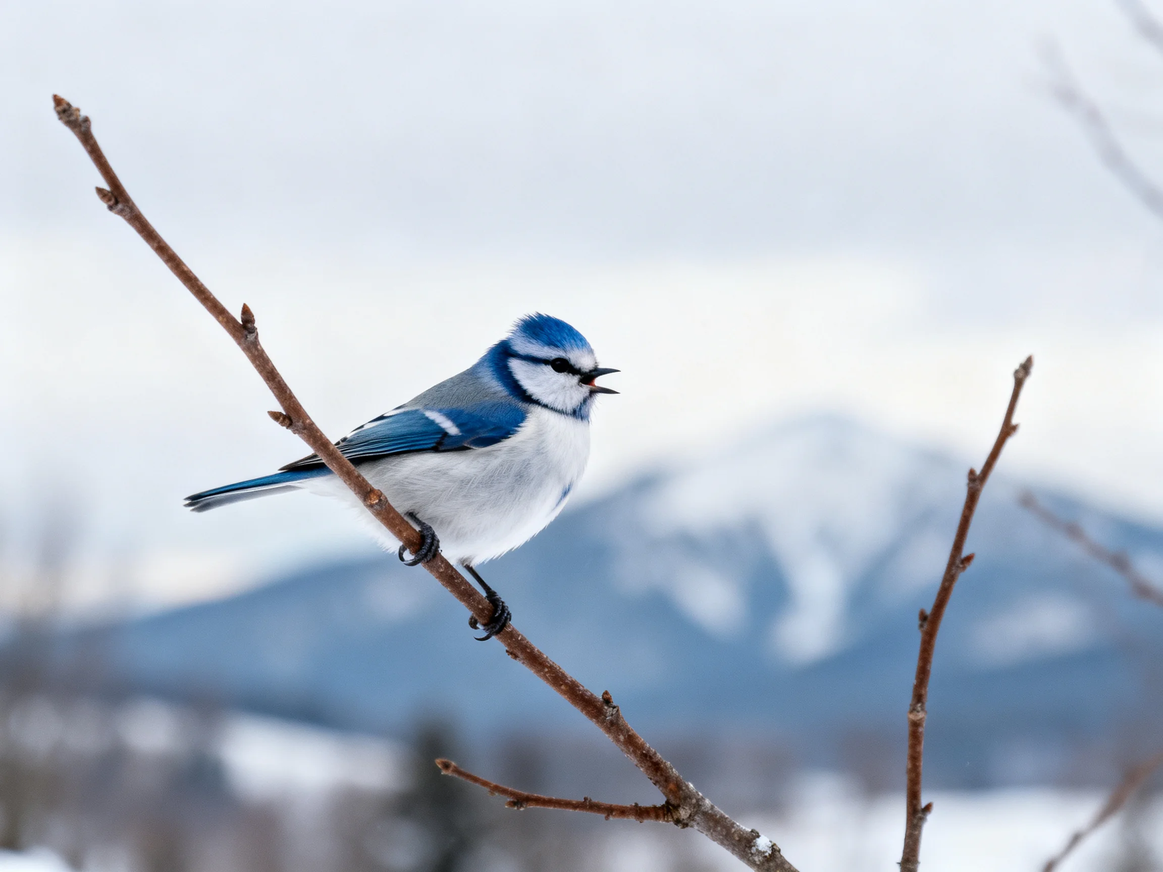 A blue and white bird perches on a bare winter branch near snow-capped mountains