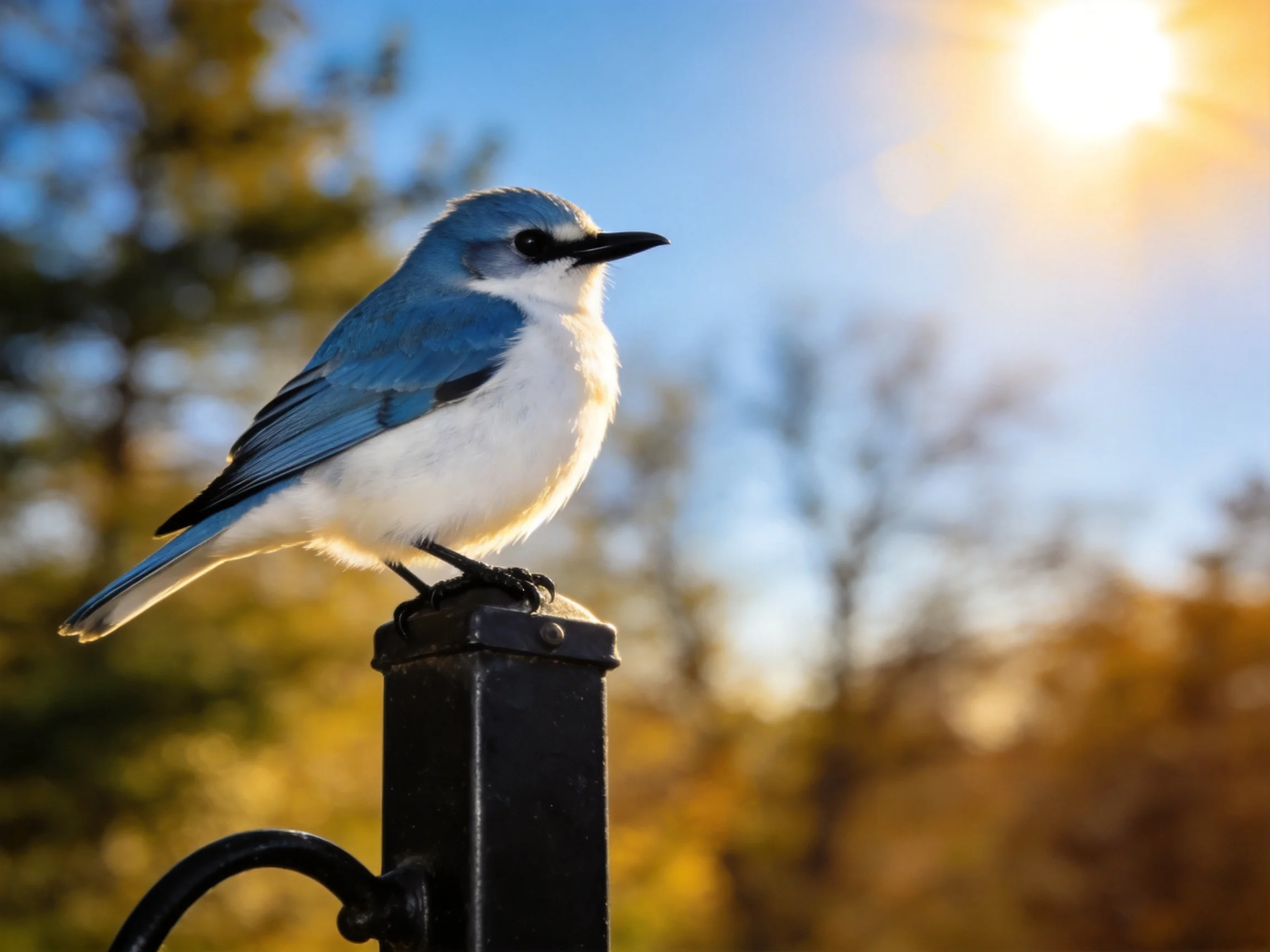 A blue - and - white bird rests on a black metal post in a sunlit outdoor setting