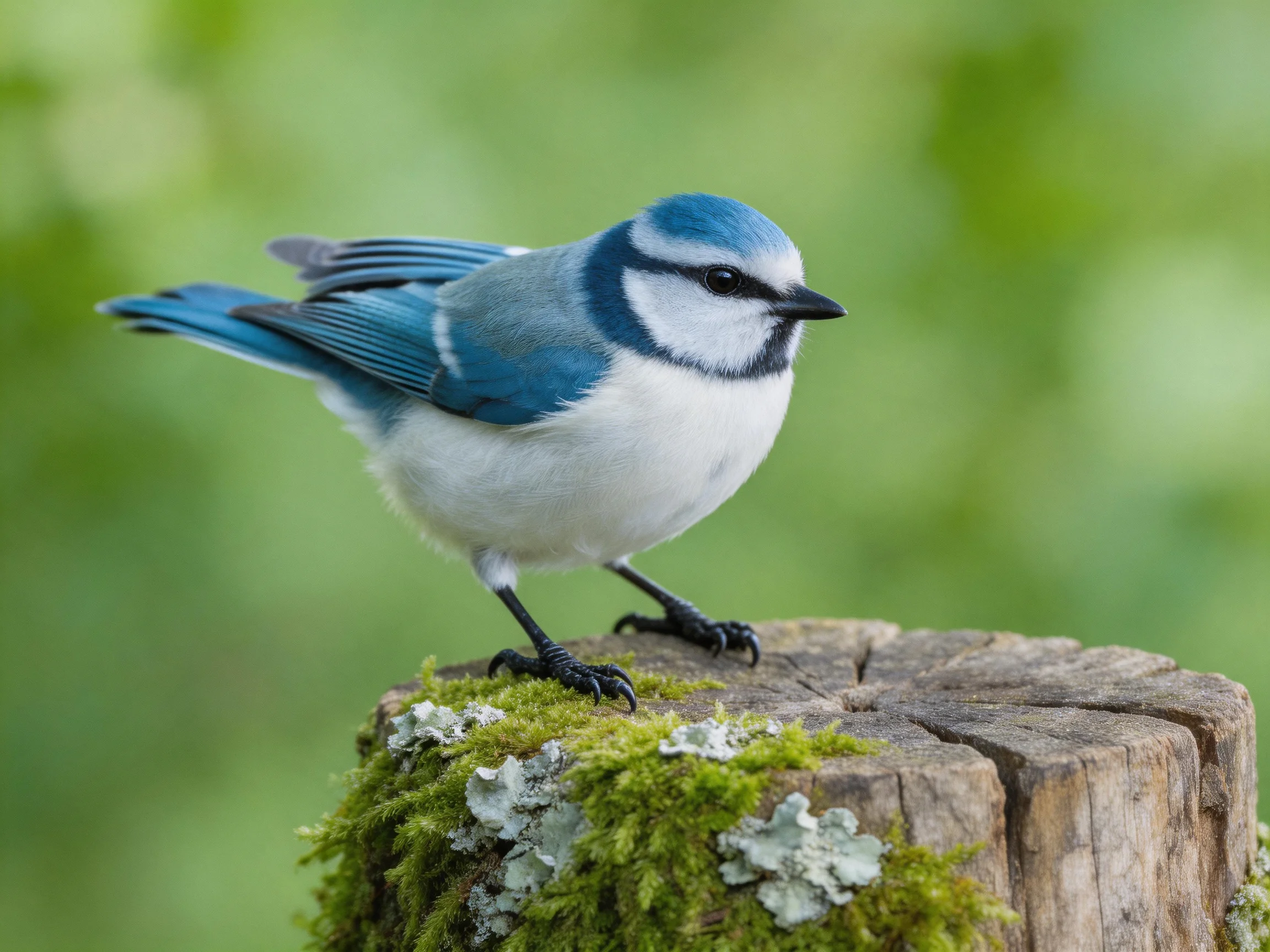 A blue - and - white bird perches on a moss - covered wooden stump