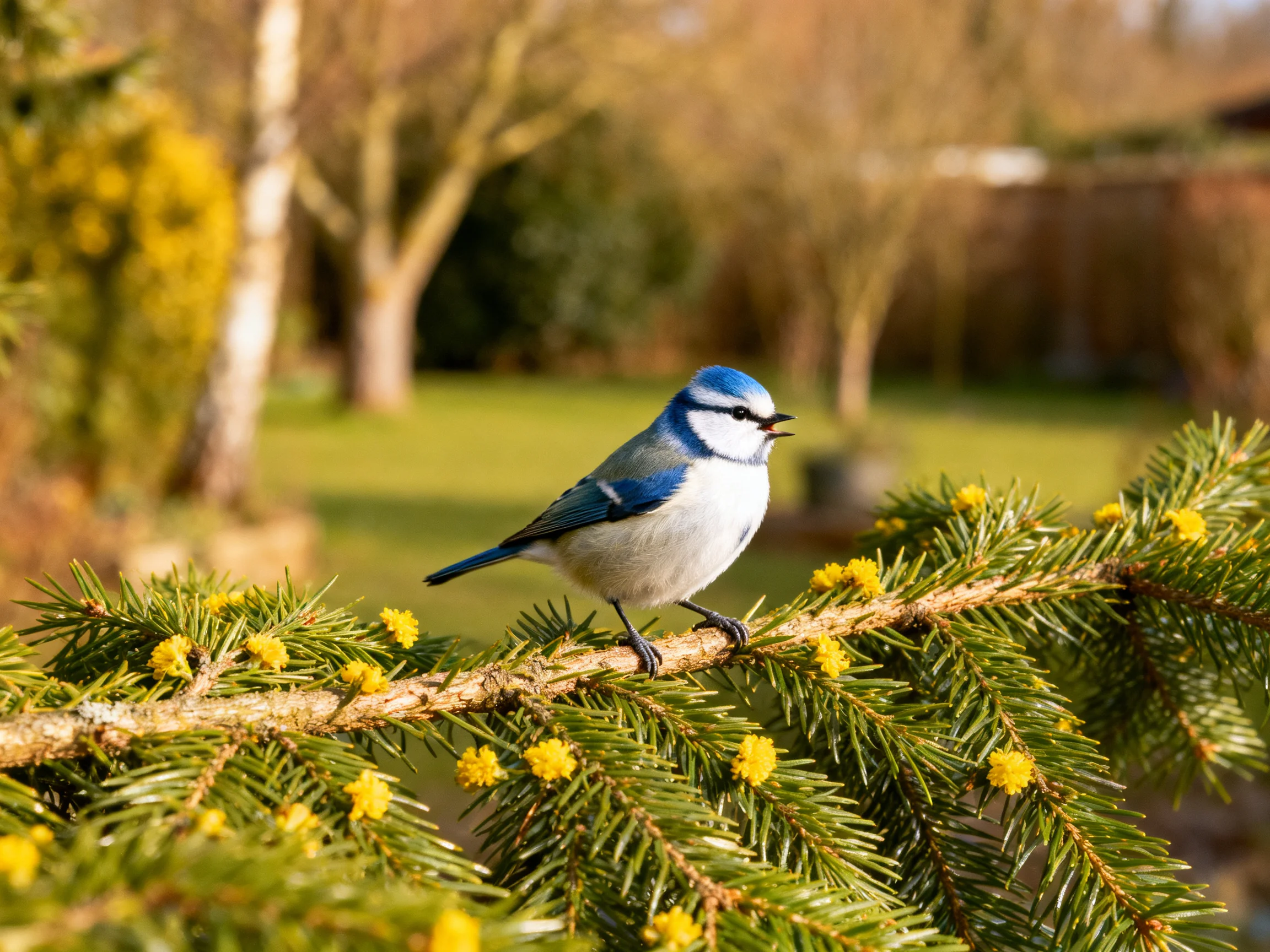 A blue and white bird perches on a pine branch with yellow blossoms