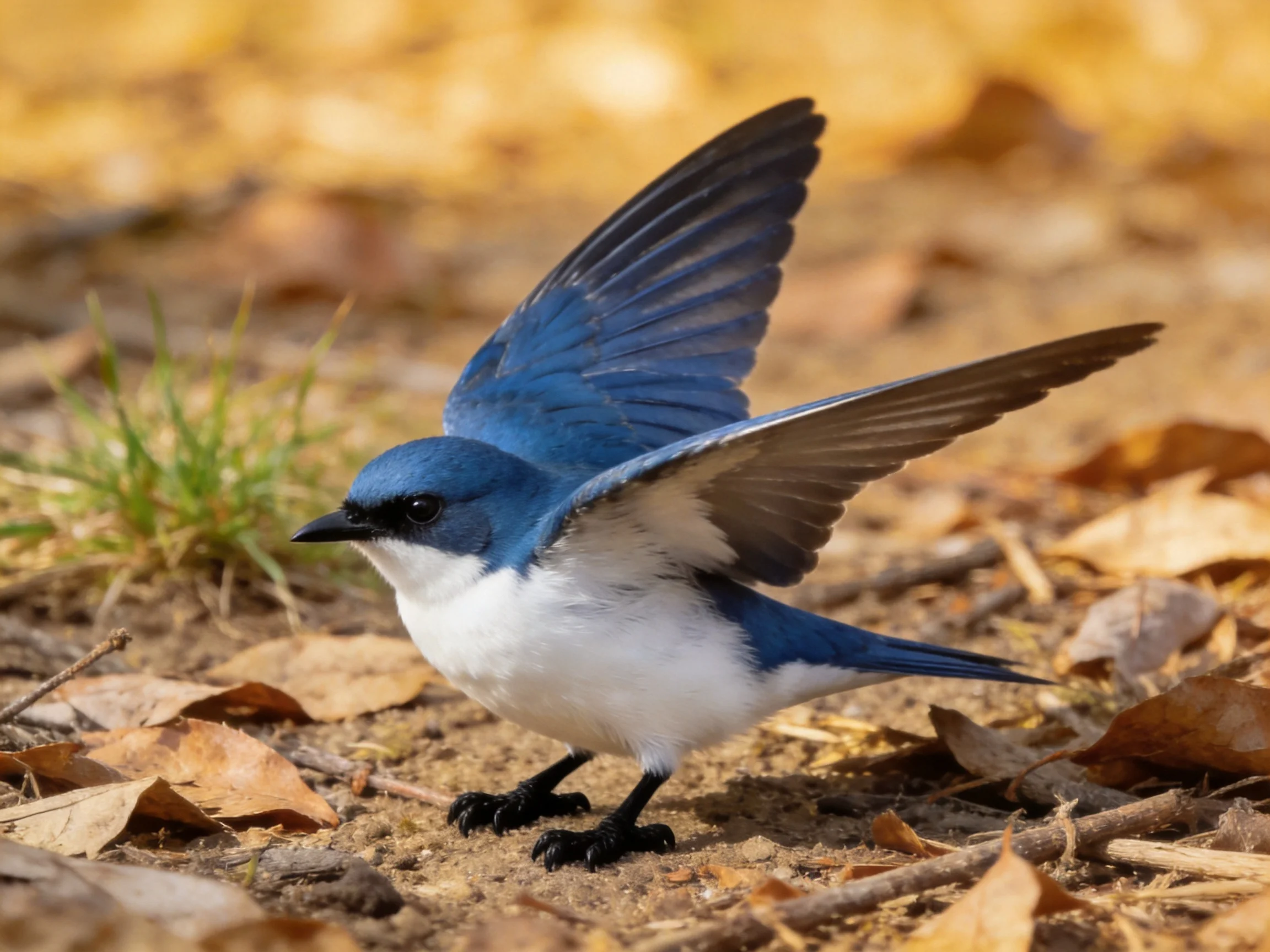 A blue and white bird spreading wings on leaf-strewn ground