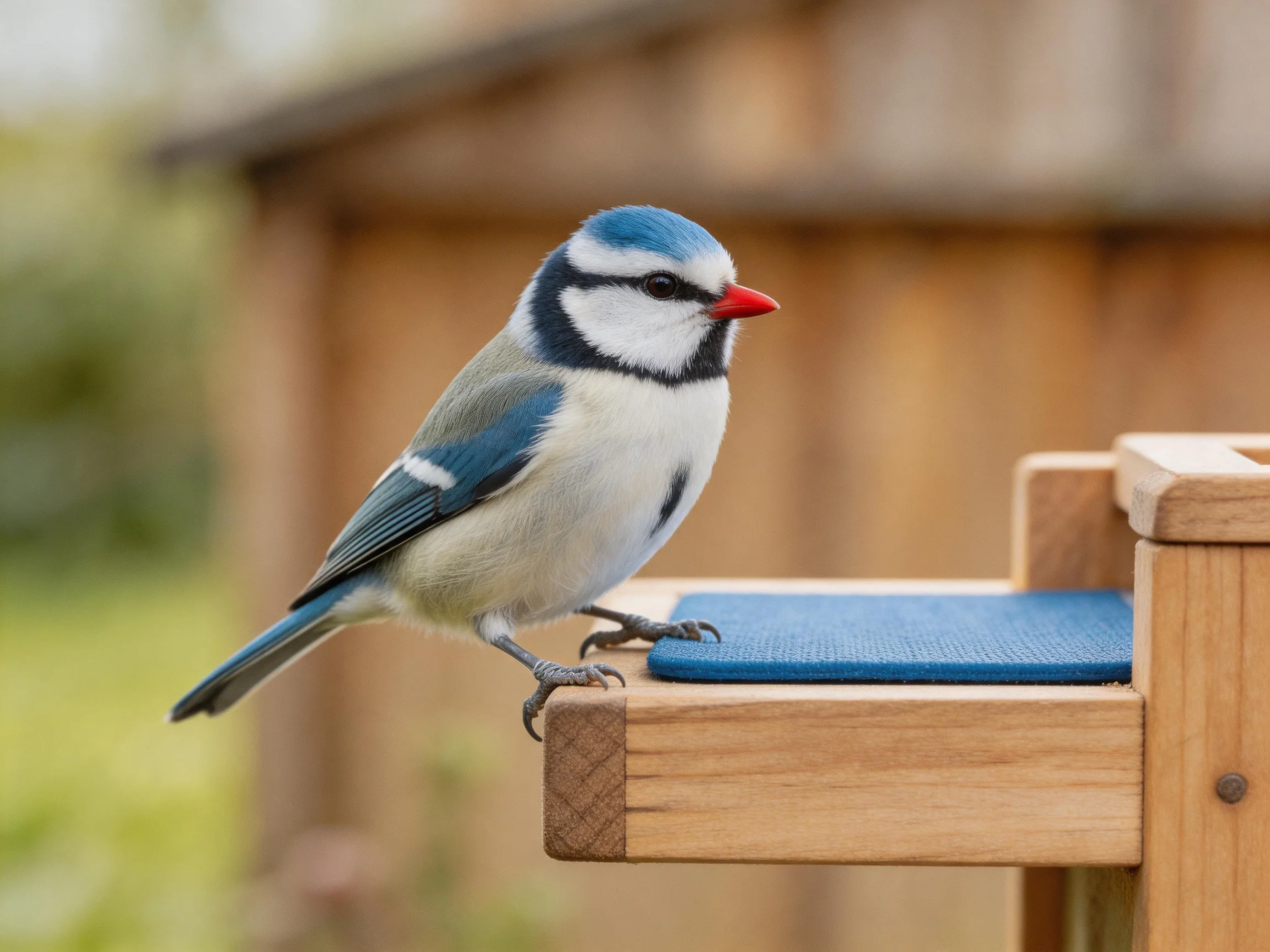 A colorful bird rests on a wooden feeder with a blue platform