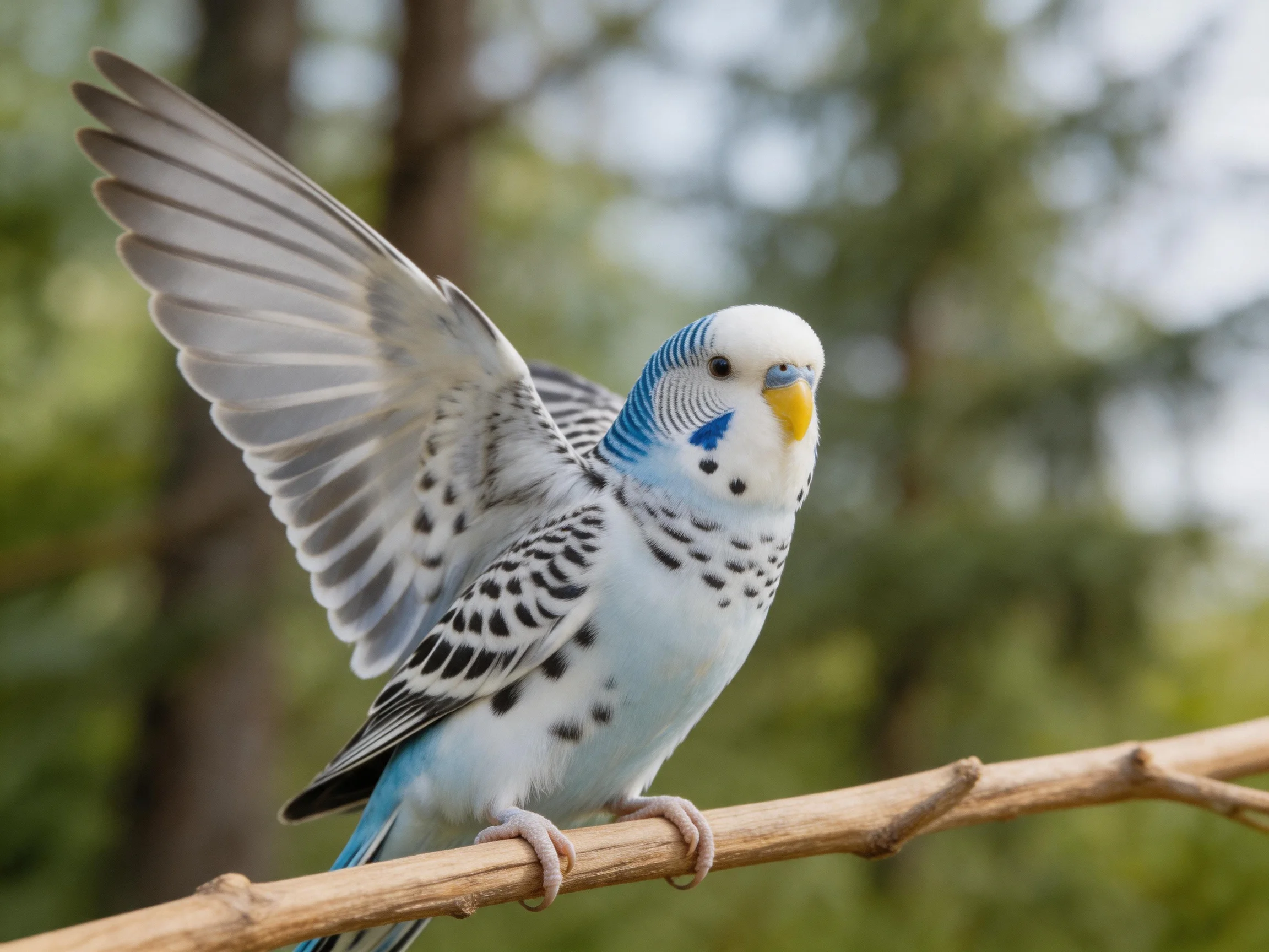 A blue and white budgerigar spreads wings on a wooden branch