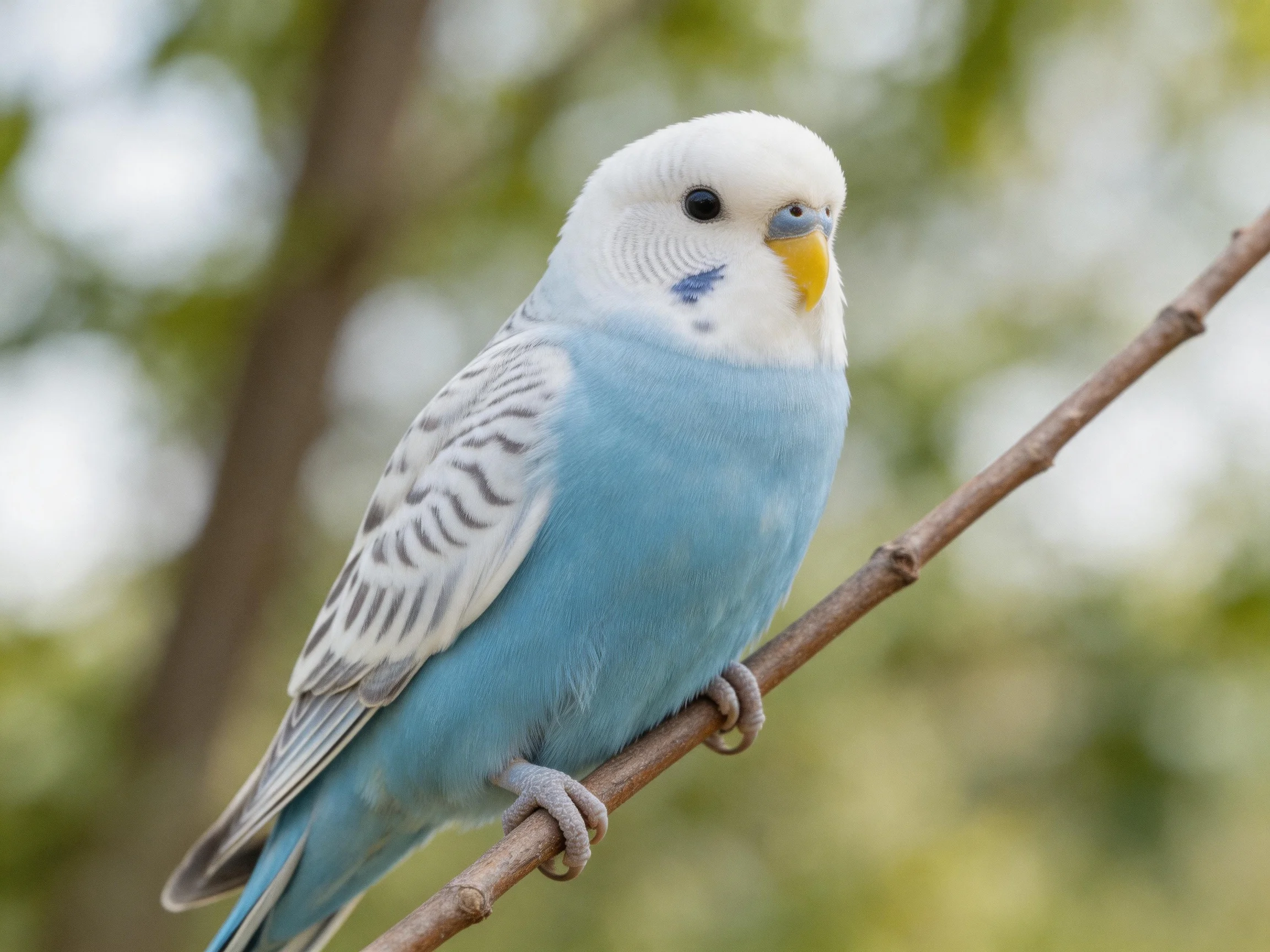 A blue and white budgie perched on a thin brown branch