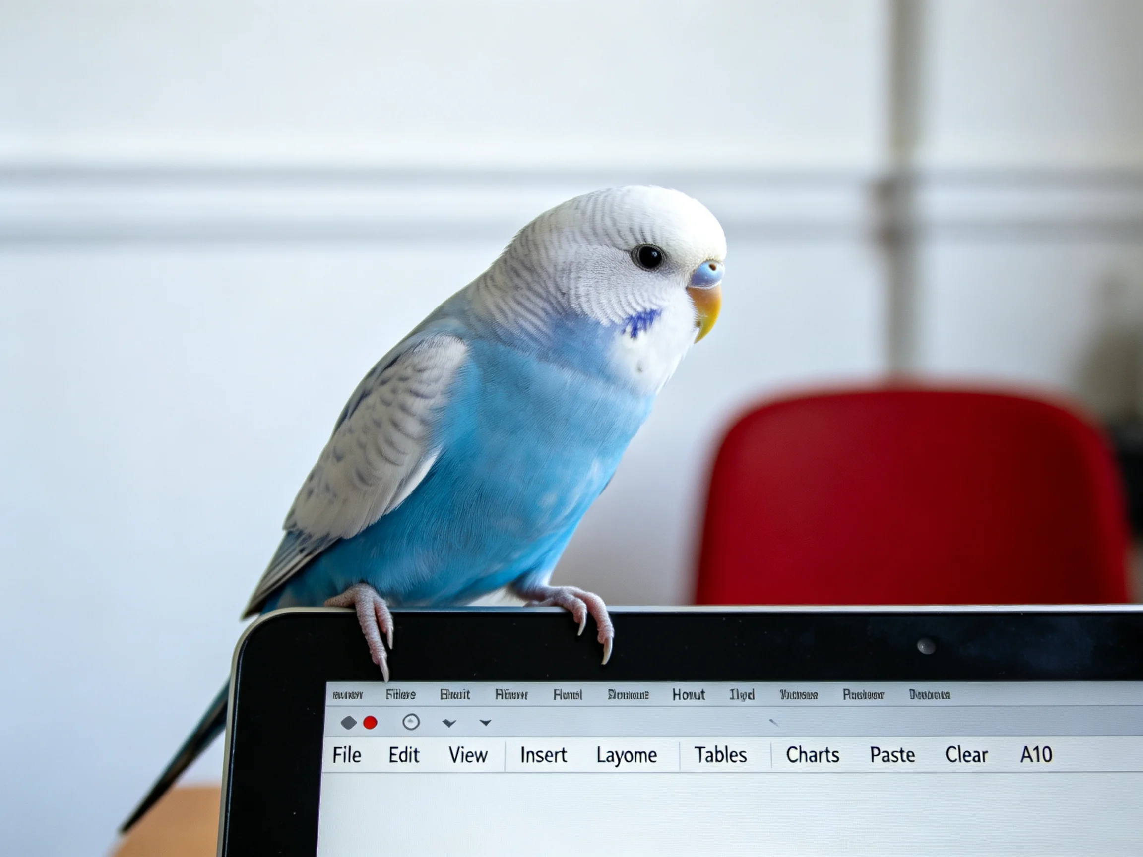 A blue and white parakeet perches on a laptop keyboard with a red chair in the background