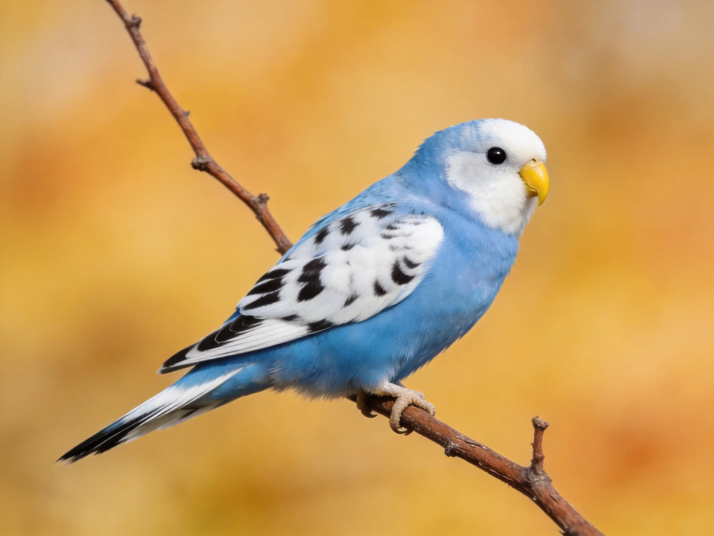 A blue and white parakeet with black wing patterns perches on a branch
