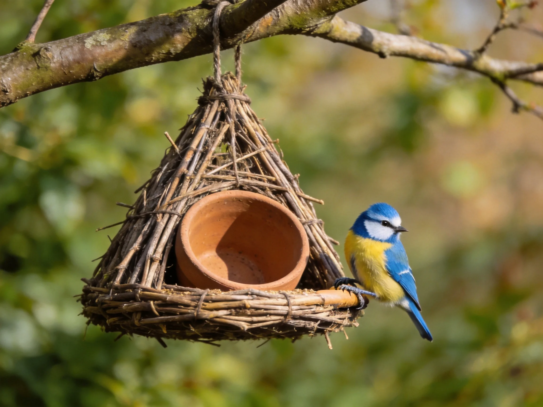 A blue and yellow bird beside a twig - made birdhouse with a terracotta bowl