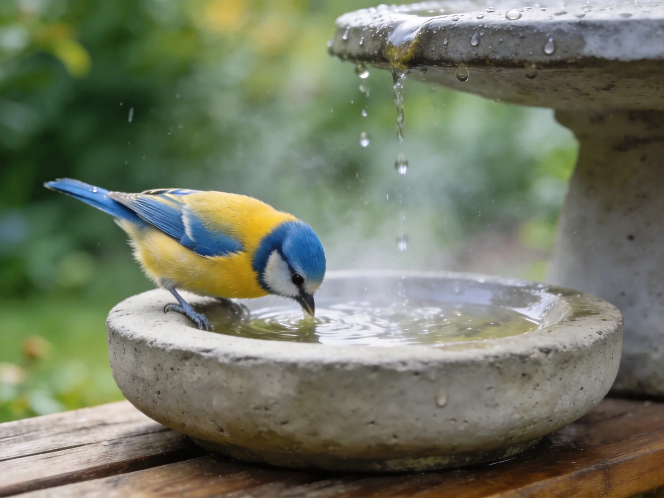 A blue and yellow bird drinking from a stone birdbath in a garden
