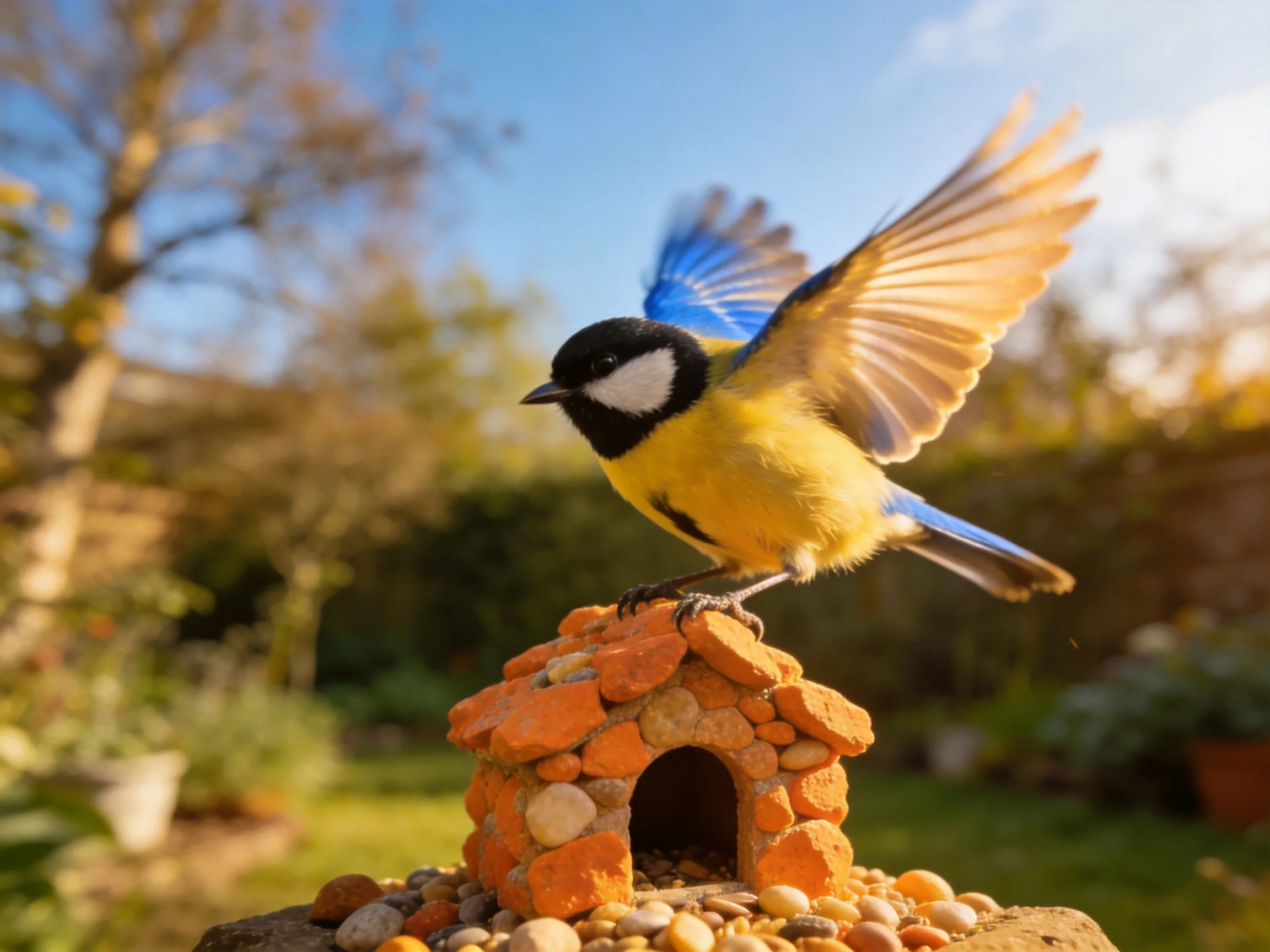 A blue and yellow bird flies over an orange stone birdhouse