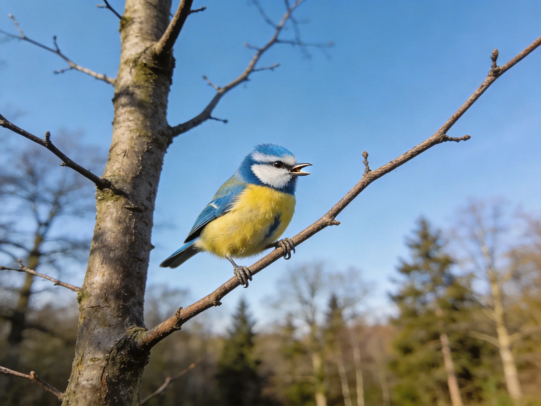 A colorful small bird sits on a thin branch in a wooded area.