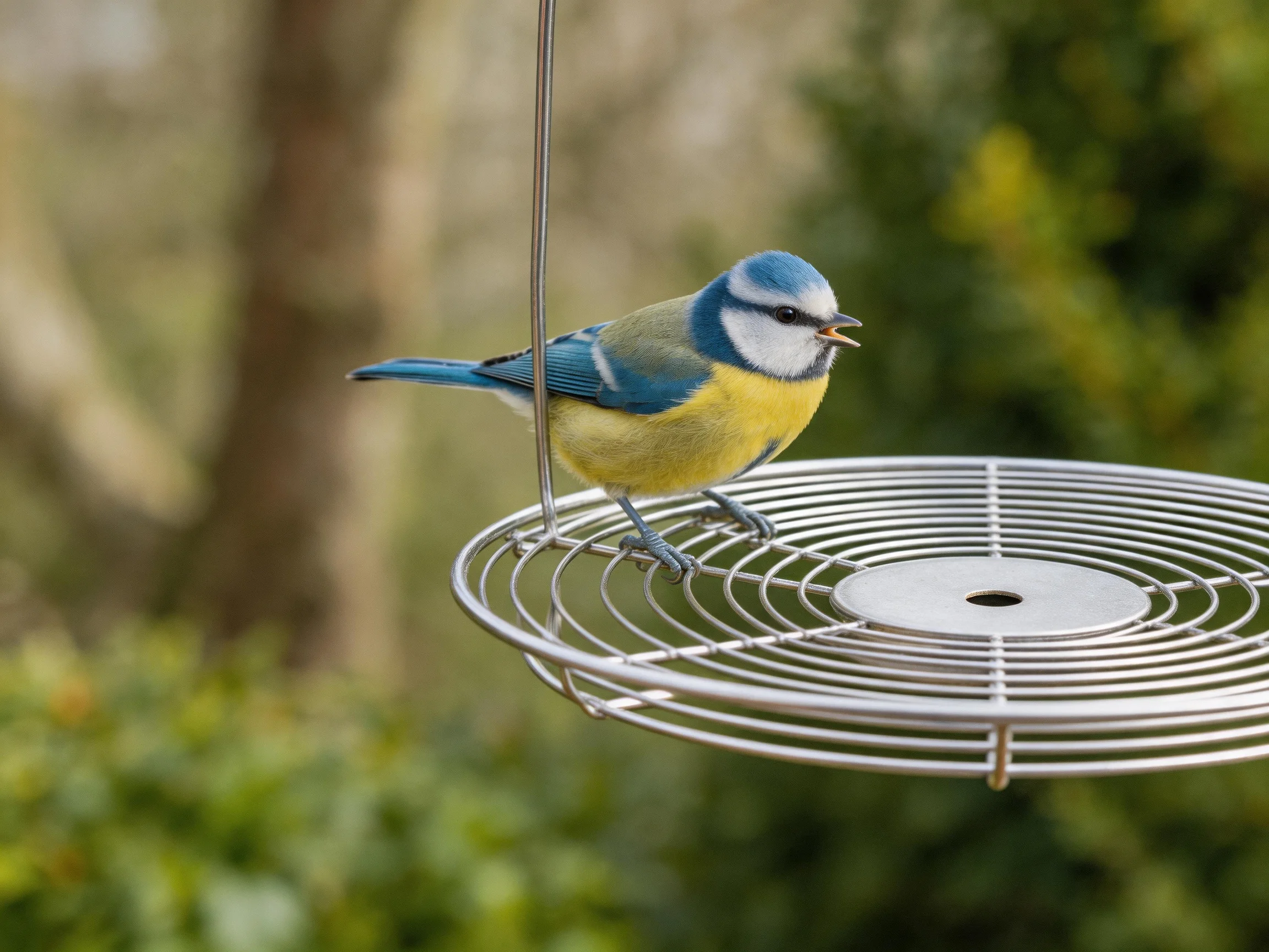 A blue and yellow bird perched on a circular metal feeder