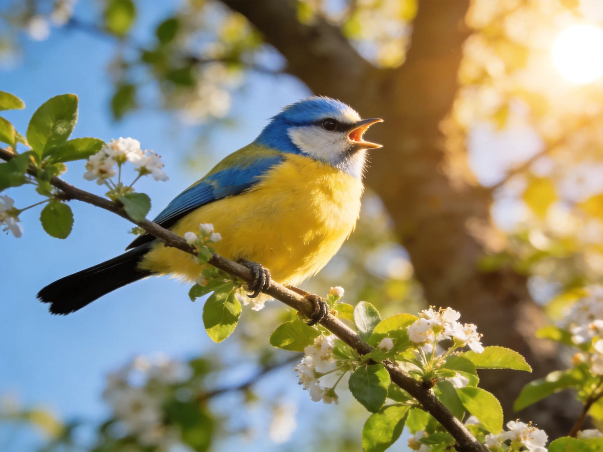 A colorful bird sits on a blossoming branch in a sunlit environment.