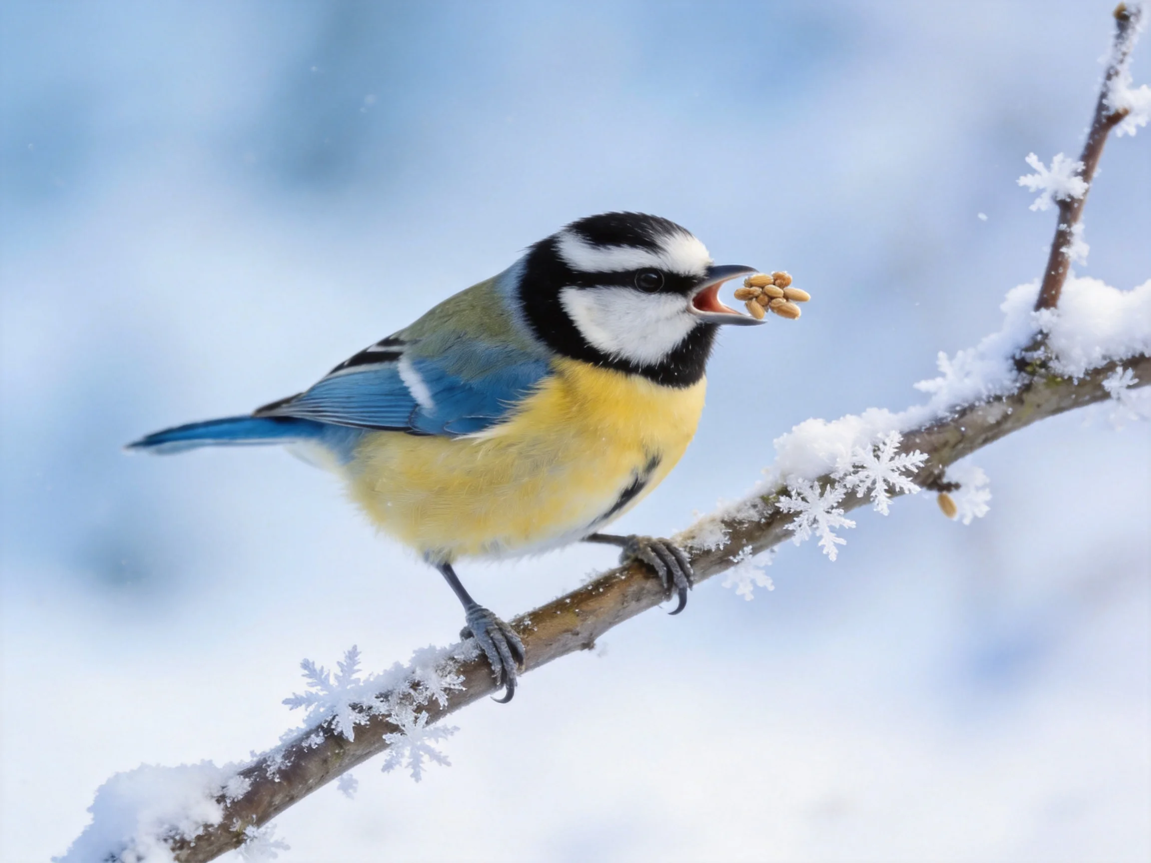 A colorful bird holds seeds while sitting on a snow-dusted branch