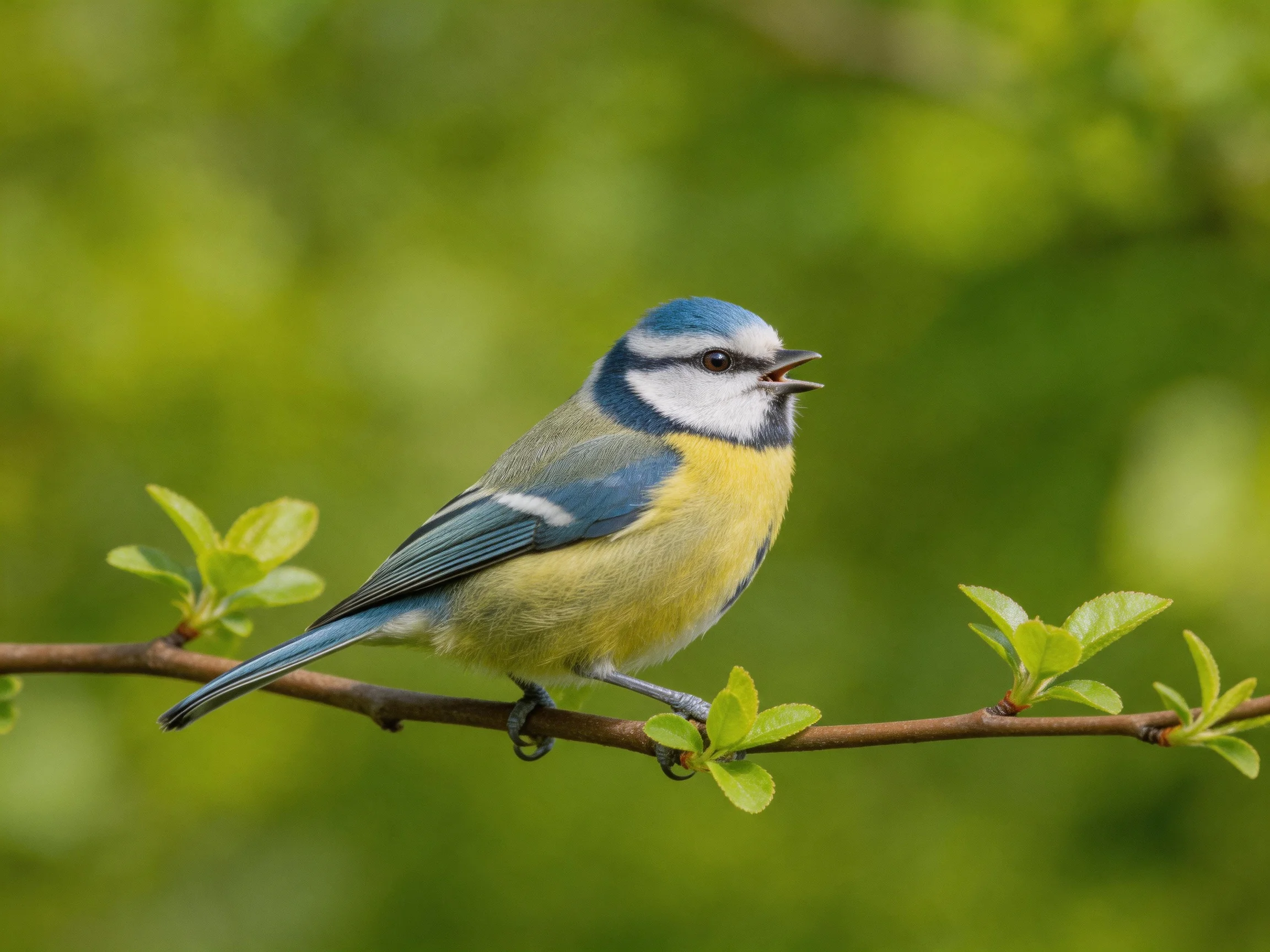 A blue and yellow bird perched on a leafy branch