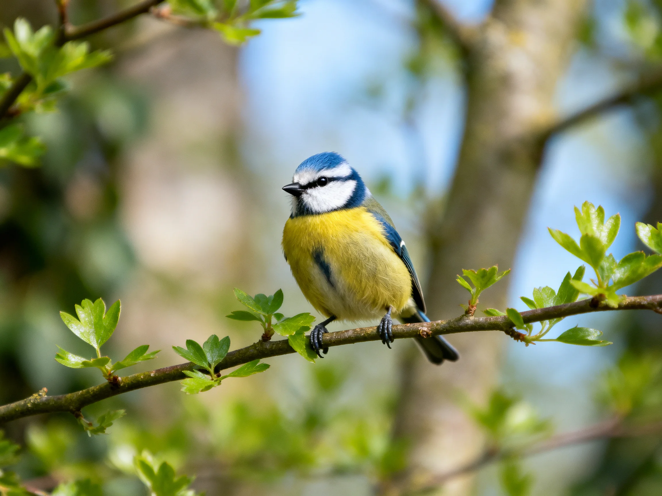 A blue and yellow bird perched on a leafy tree branch