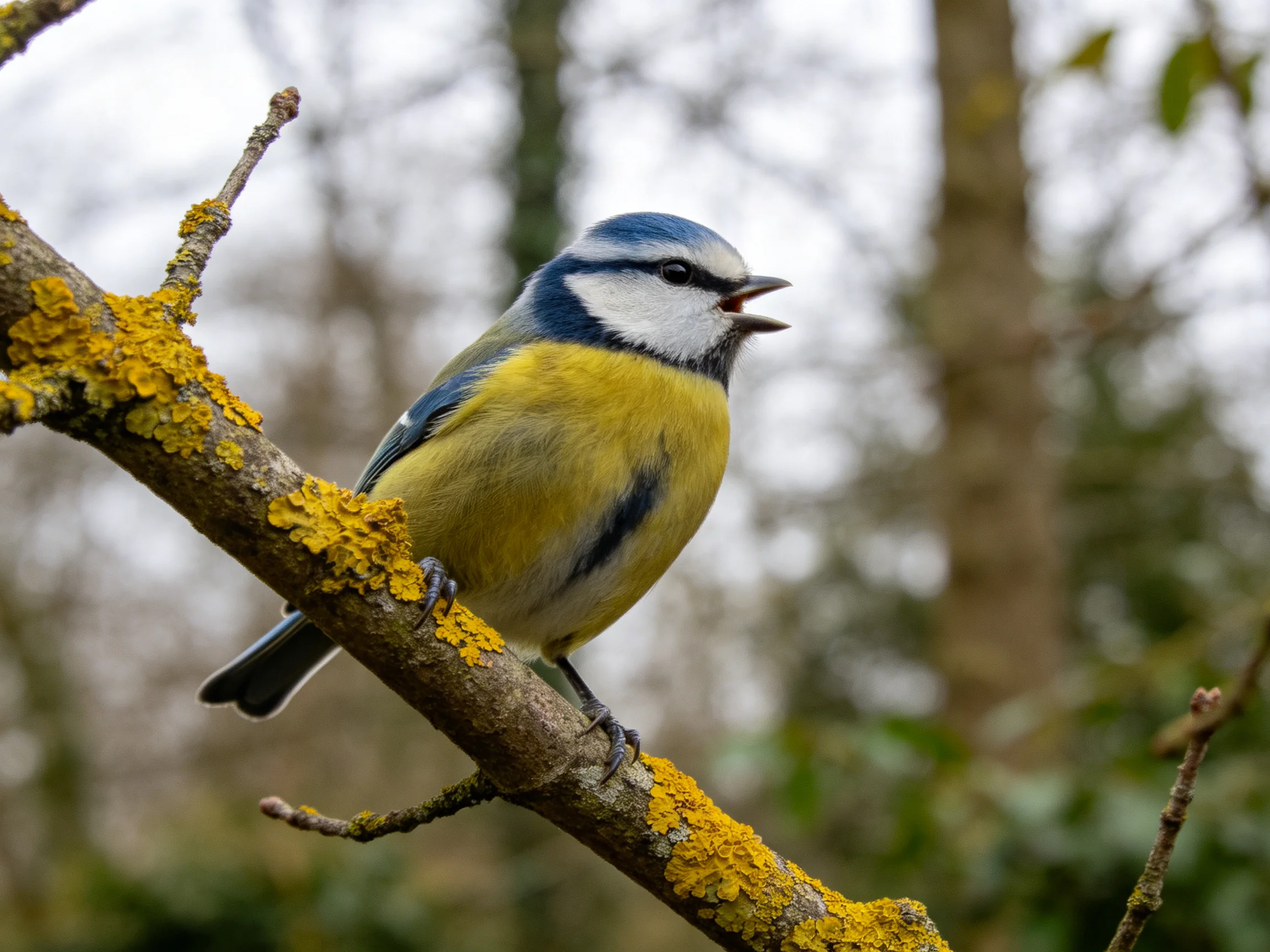 A blue tit with vibrant plumage sits on a lichen-draped branch in a wooded area.
