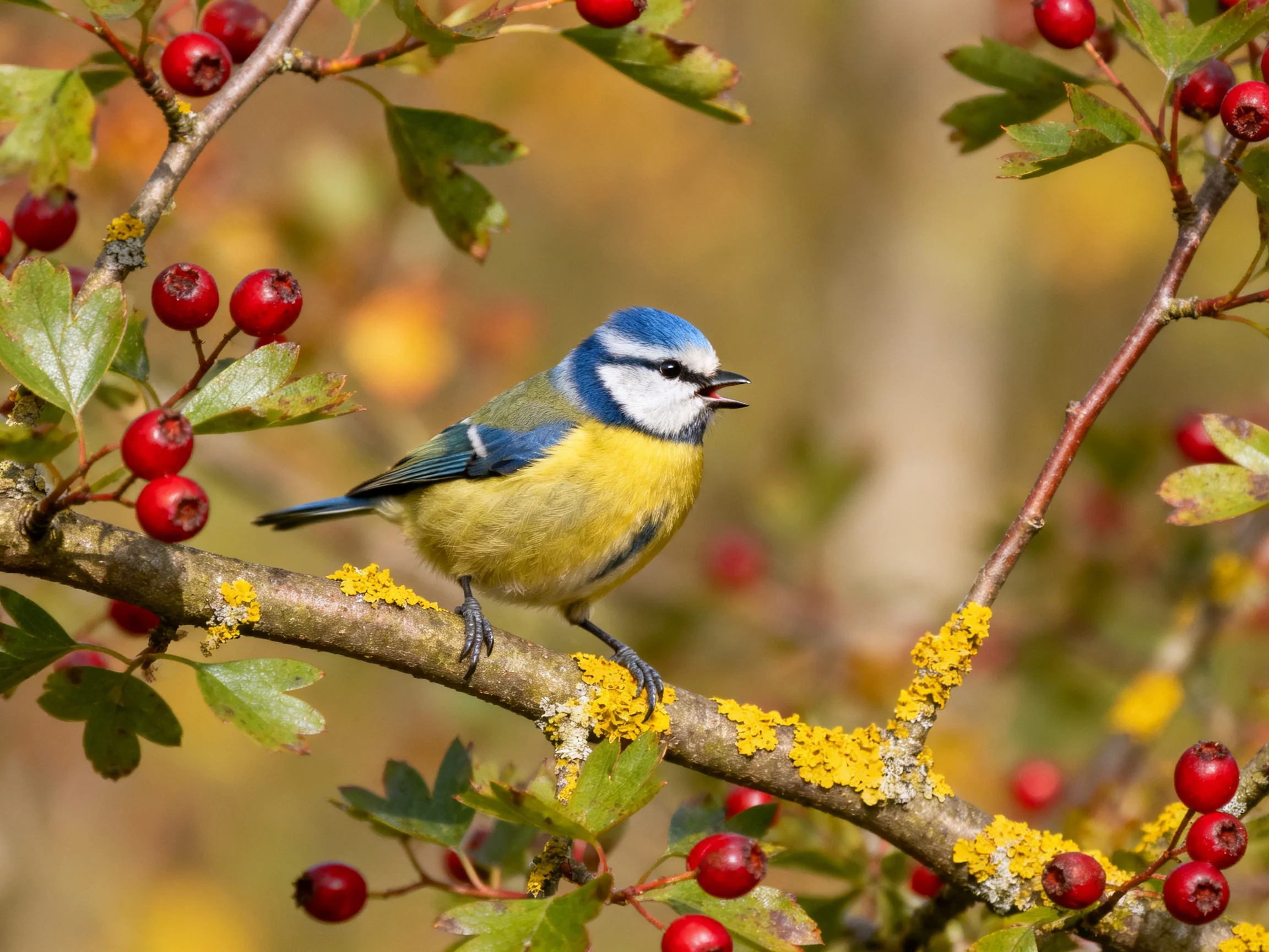 A blue and yellow bird perched on a lichen-covered branch with red berries