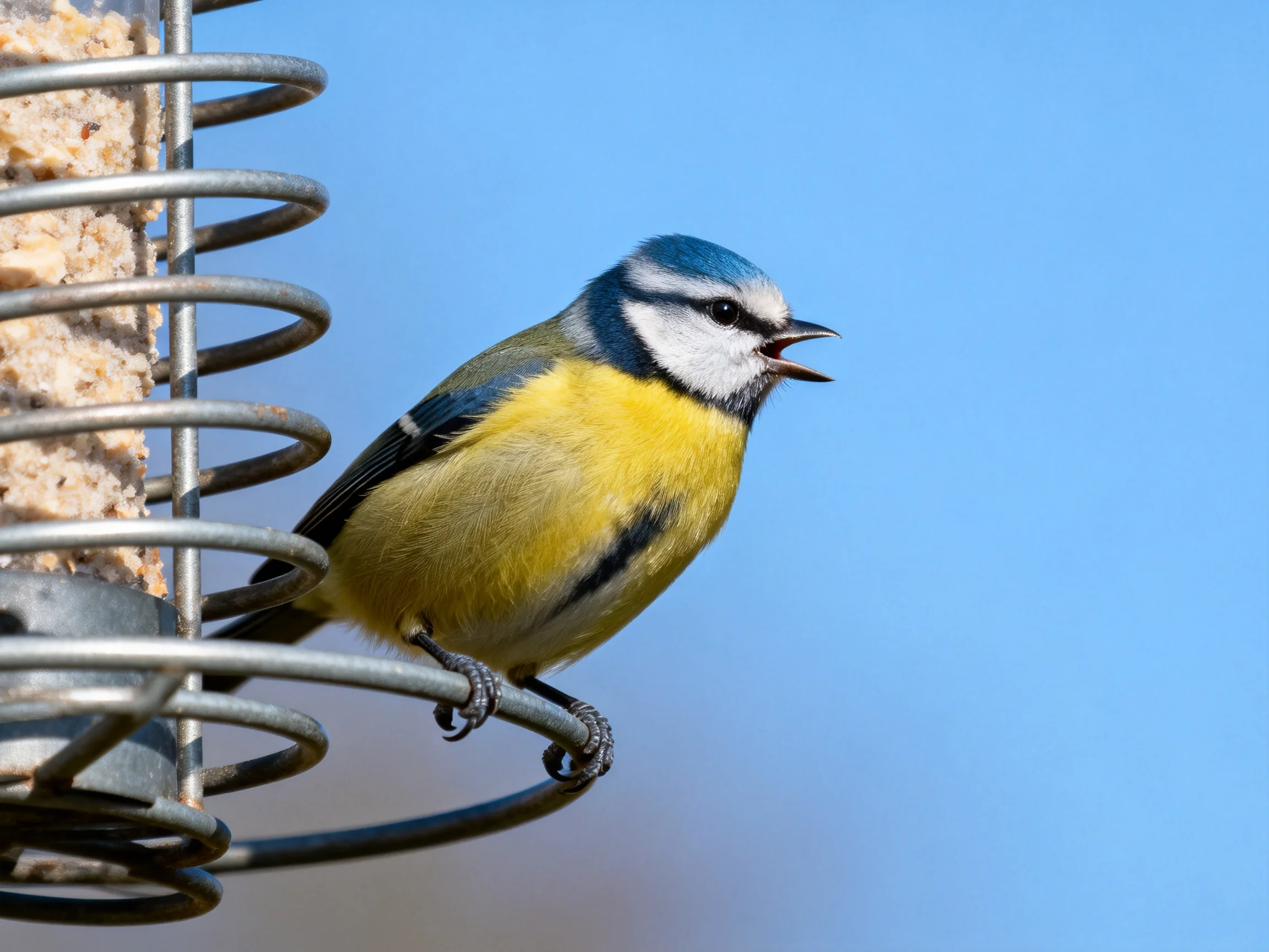 A small blue and yellow bird sits on an outdoor metal feeder.