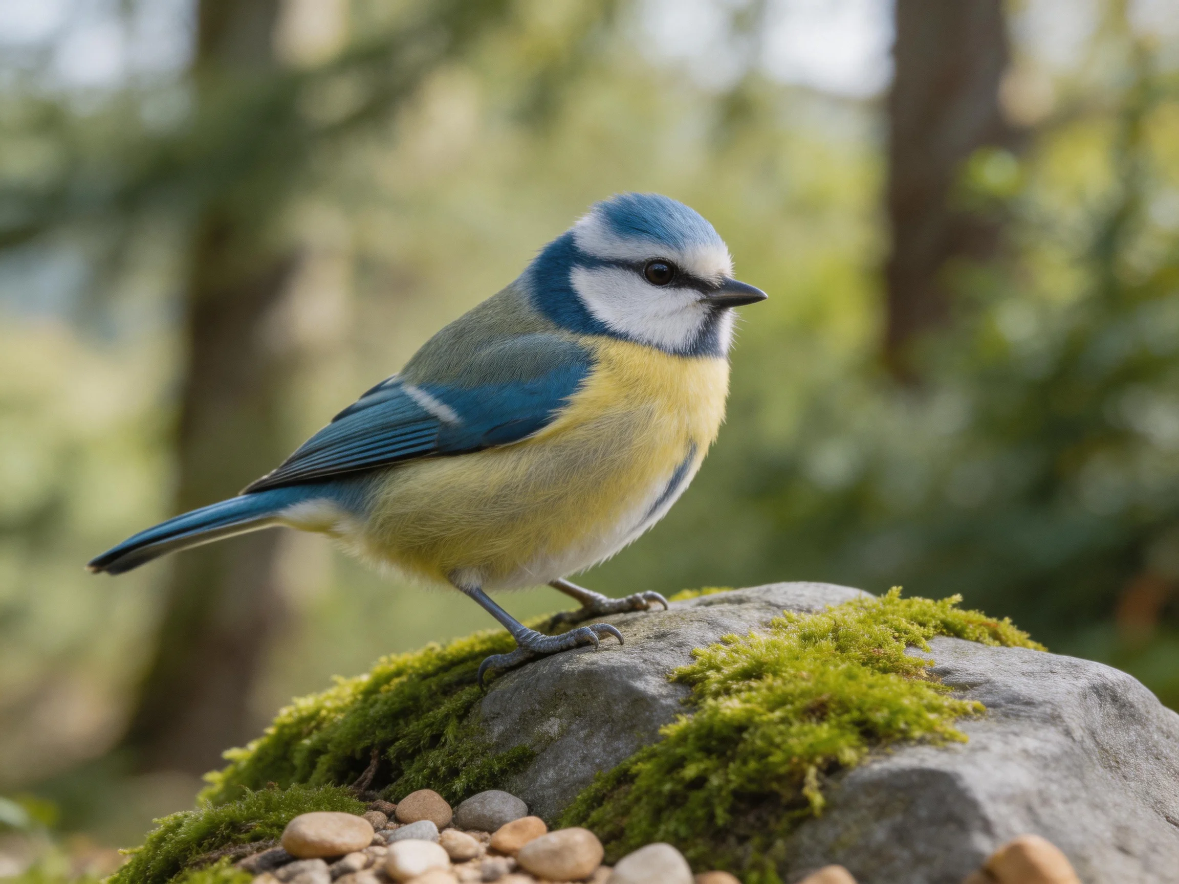 A blue and yellow bird perched on a moss-covered rock